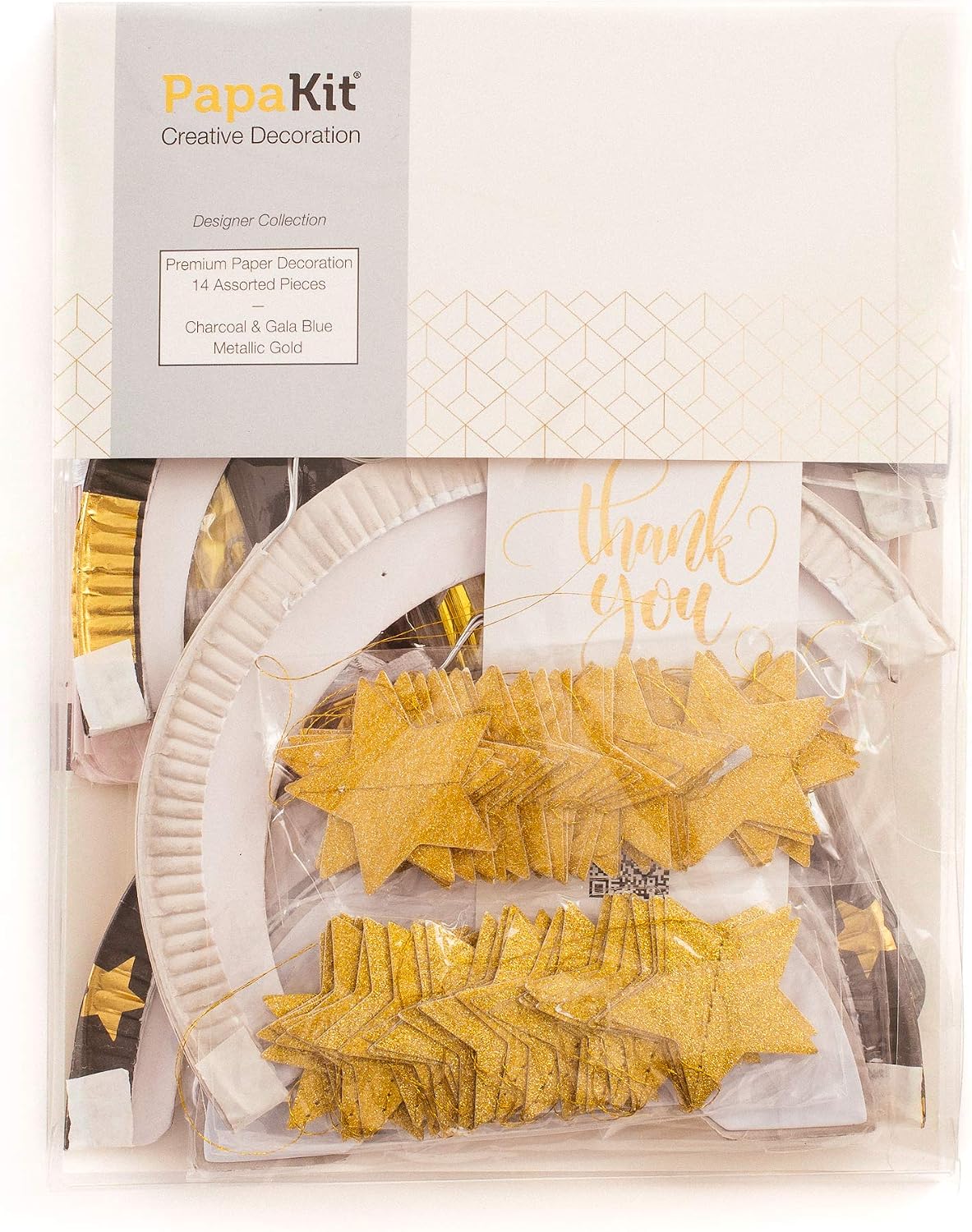 PapaKit Deluxe Paper Party Decoration Set - Pom Pom, Honeycomb and Accordion Lantern (Charcoal & Gala Blue with Metallic Gold)