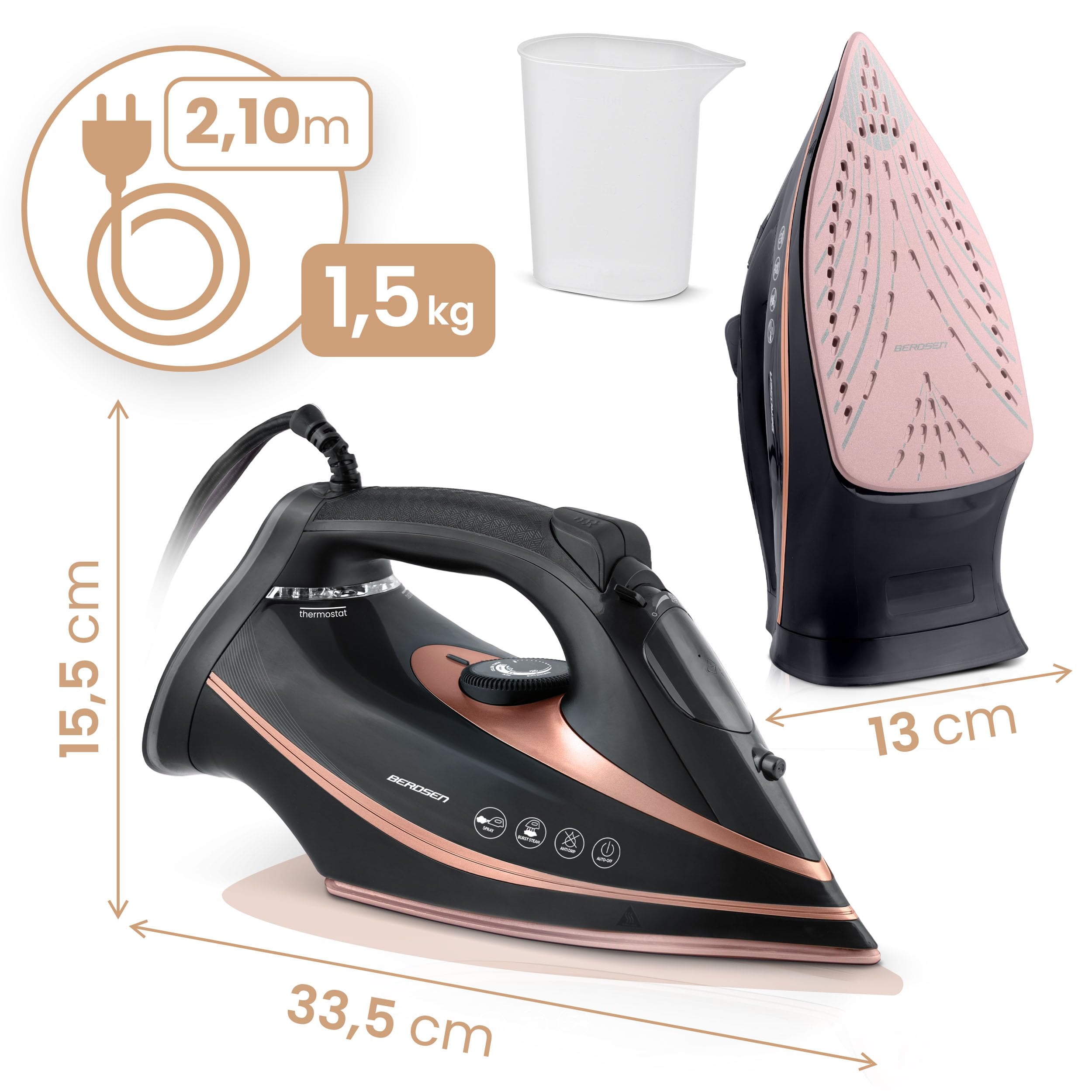 Berdsen Plancha de vapor, 3000 W, 10 en 1, con suela de cerámica, depósito de agua de 360 ml, doble golpe de vapor, color negro