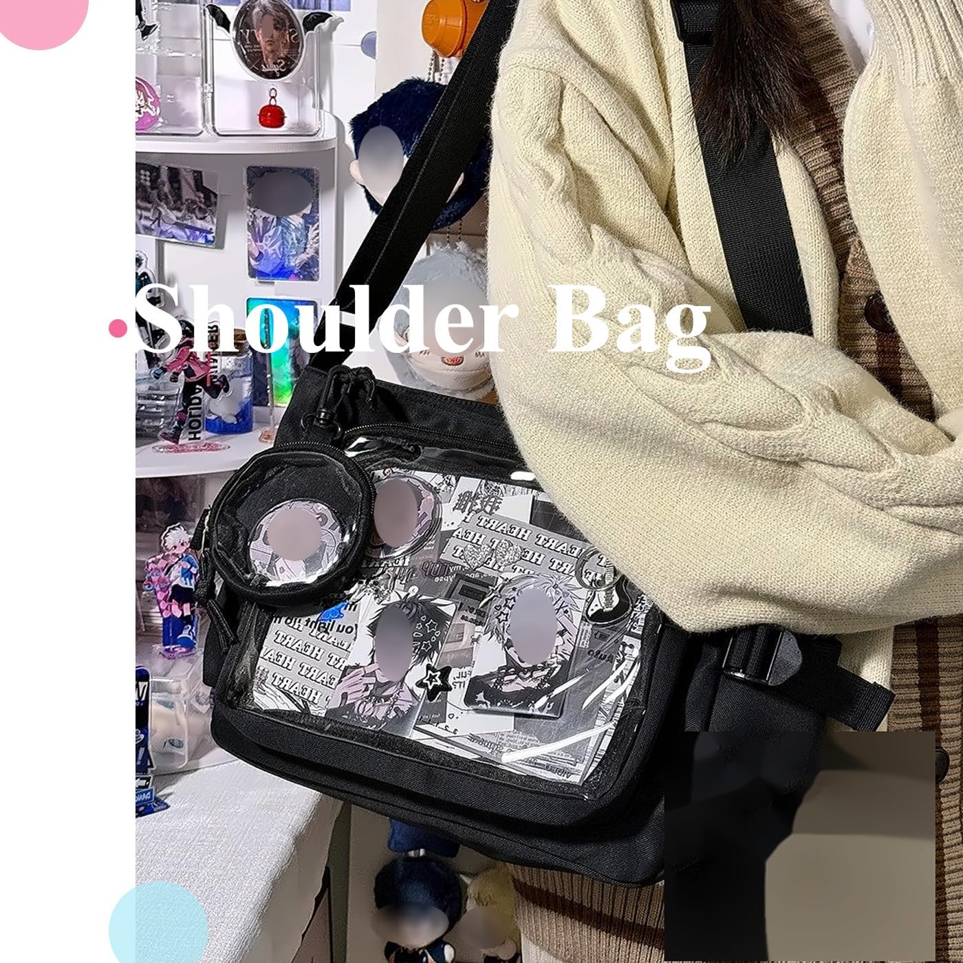 Ita Messenger Bag, Nylon Cute Pin Display Crossbody Bags Handbags Kawaii Shoulder Purse