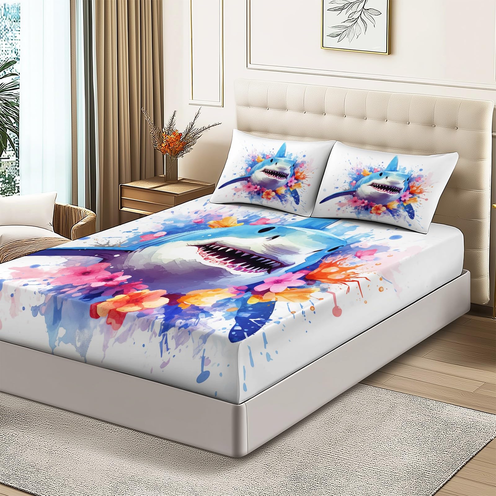 Akwarela Kwiat Rekina Urocze prześcieradło z nadrukiem z miękkiej mikrofibry - 140 × 200 cm wysokość materaca do 30 cm, biały oddychający i zmywalny pokrowiec na materac z 2 poszewkami na poduszki