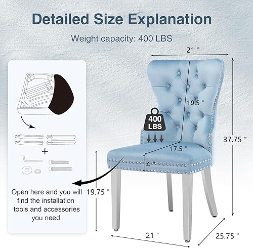 Miniatura 3 de Juego de 2 sillas de comedor de terciopelo, sillas de comedor tapizadas con patas de acero inoxidable y tirador de anillo redondo, modernas sillas