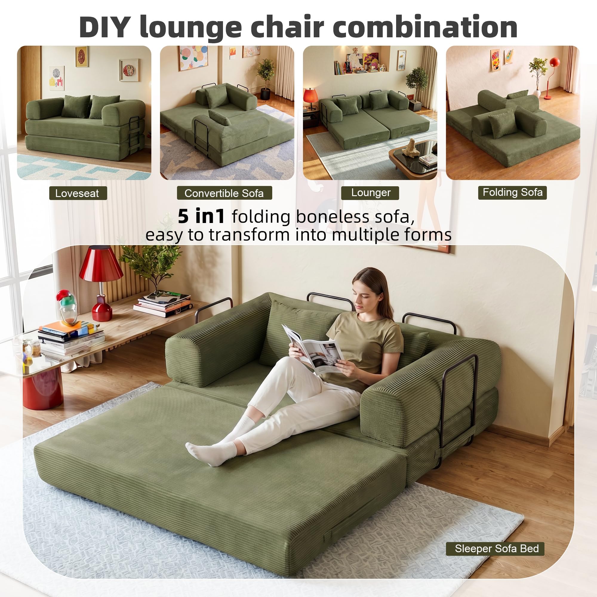 59in Boneless Couch Convertible Futon Sofa Bed Queen for Small Space | Corduroy Boneless Sleeper Sofa, Pull Out Modular Couch, Apartment Friendly for Study Room & Living Room, No Assembly | Green