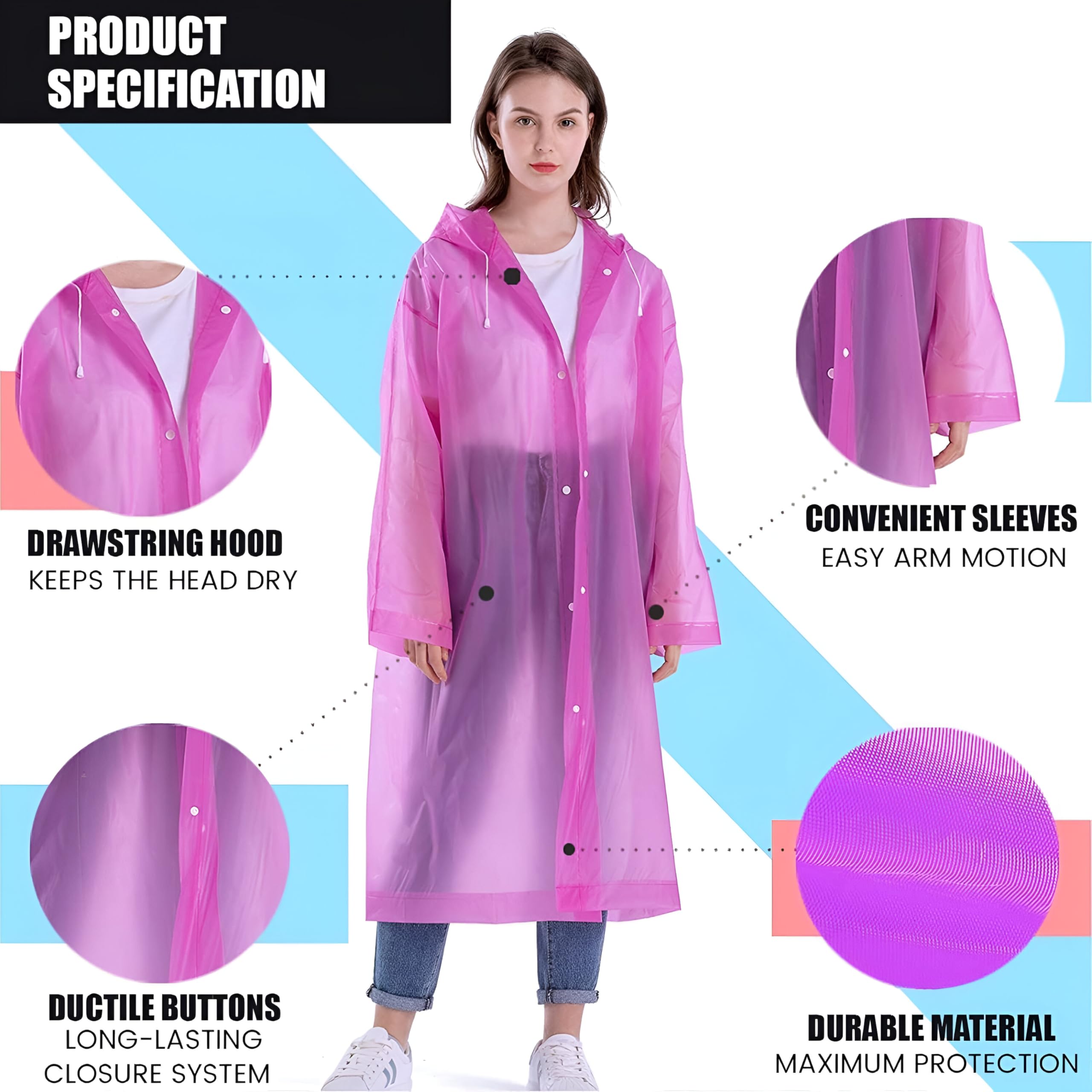 Pivalo EVA Rain Poncho for Men & Women β Lightweight Waterproof Raincoat with Hood, Adjustable Drawstring & Button Closure, Reusable Outdoor Rainwear for Men Women Boys & Girls (Universal Size, Pink) 3