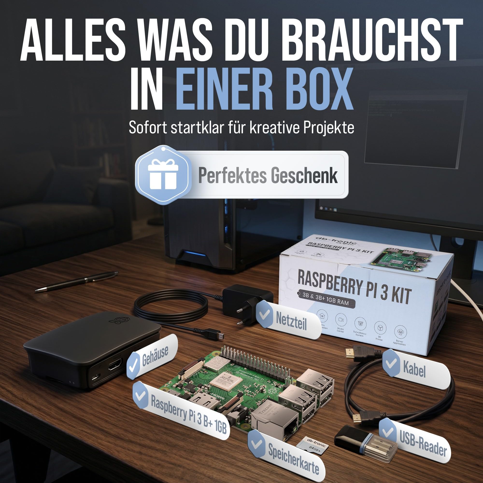 Raspberry Pi 3 B+ 1GB Starter Set 64GB Edition Netzteil Gehäuse Kühlkörper 4K HDMI Kabel