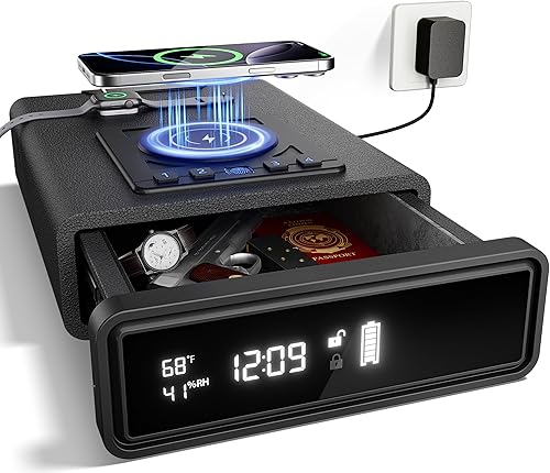 Caja fuerte biométrica con carga inalámbrica, 3 métodos de acceso para desbloquear, mesita de noche, cajón con pantalla LED segura con humedad y