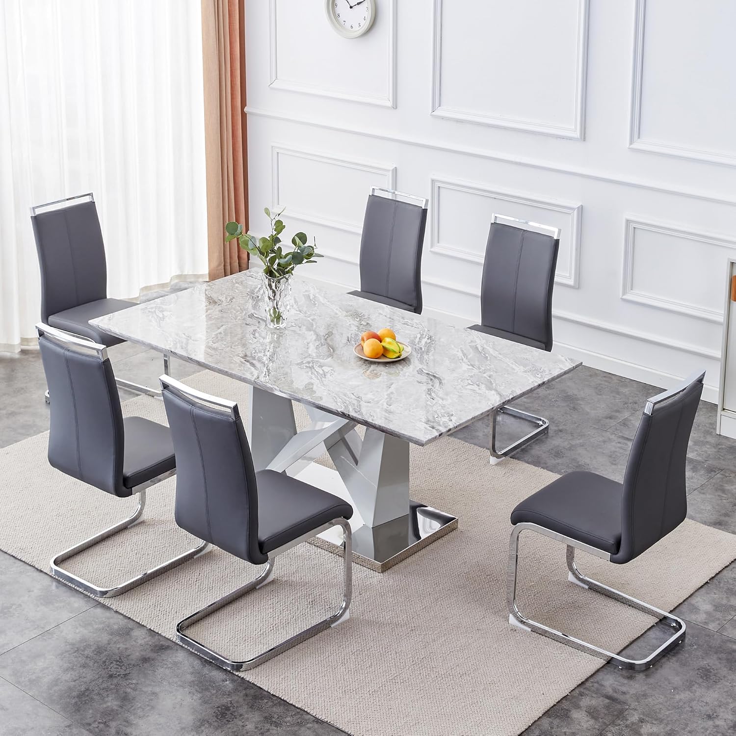 7 Piece Marble Dining Table Set for 6, Modern Kitchen