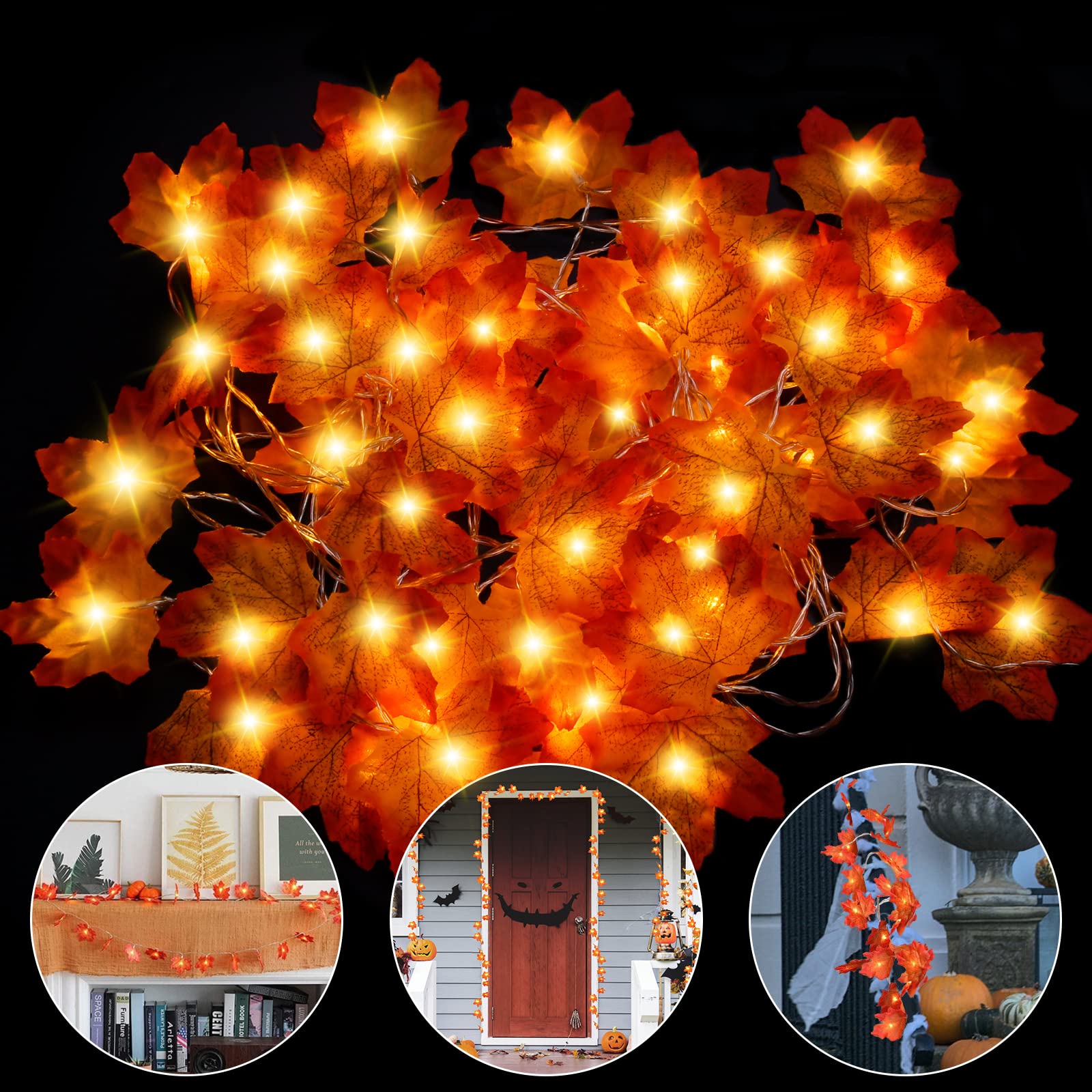 OEAGO2 Pcs Autumn Decorations 4.5M 30LED Artificial Maple Leaves Garland,Halloween Lights Decorations Autumn Garland Decor Fall Decorations for Home Garden Wall Fireplace Halloween Party