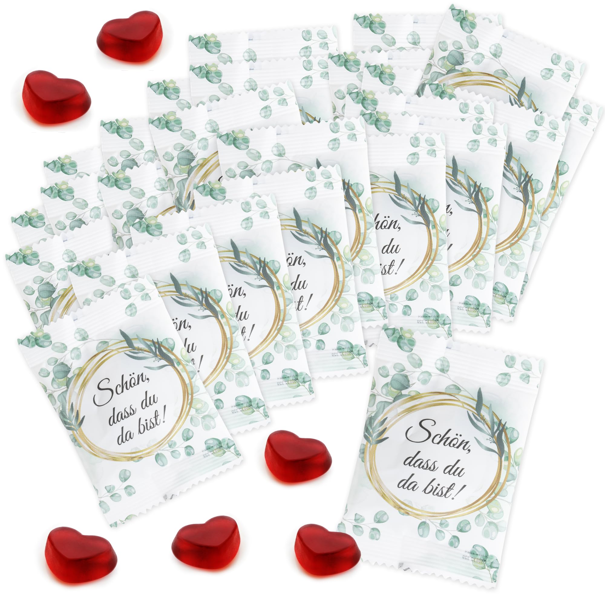 FOOD crew Fruchtgummi Herzen „Schön, dass du da bist“ 25 x 10 g - Herz Gummibärchen - Als Gastgeschenke Hochzeit Süßigkeiten - Schön dass du da bist Gastgeschenk - Hochzeits Give Aways