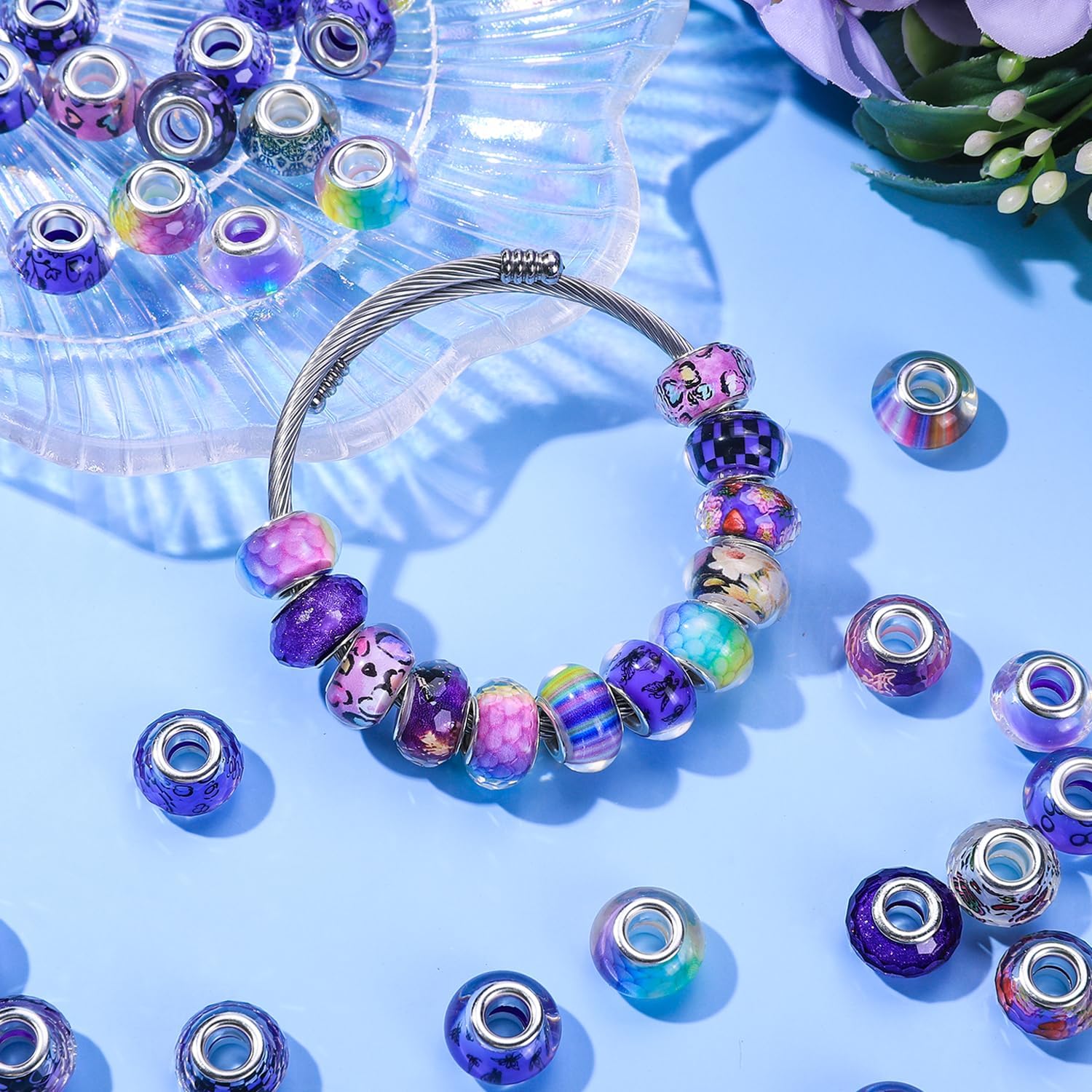 Aipridy Large Hole European Beads, Craft Supplies Kit，Assorted Mixed Color Lampwork Spacer Beads for DIY Bracelet Jewelry Making (100, Purple) image 3