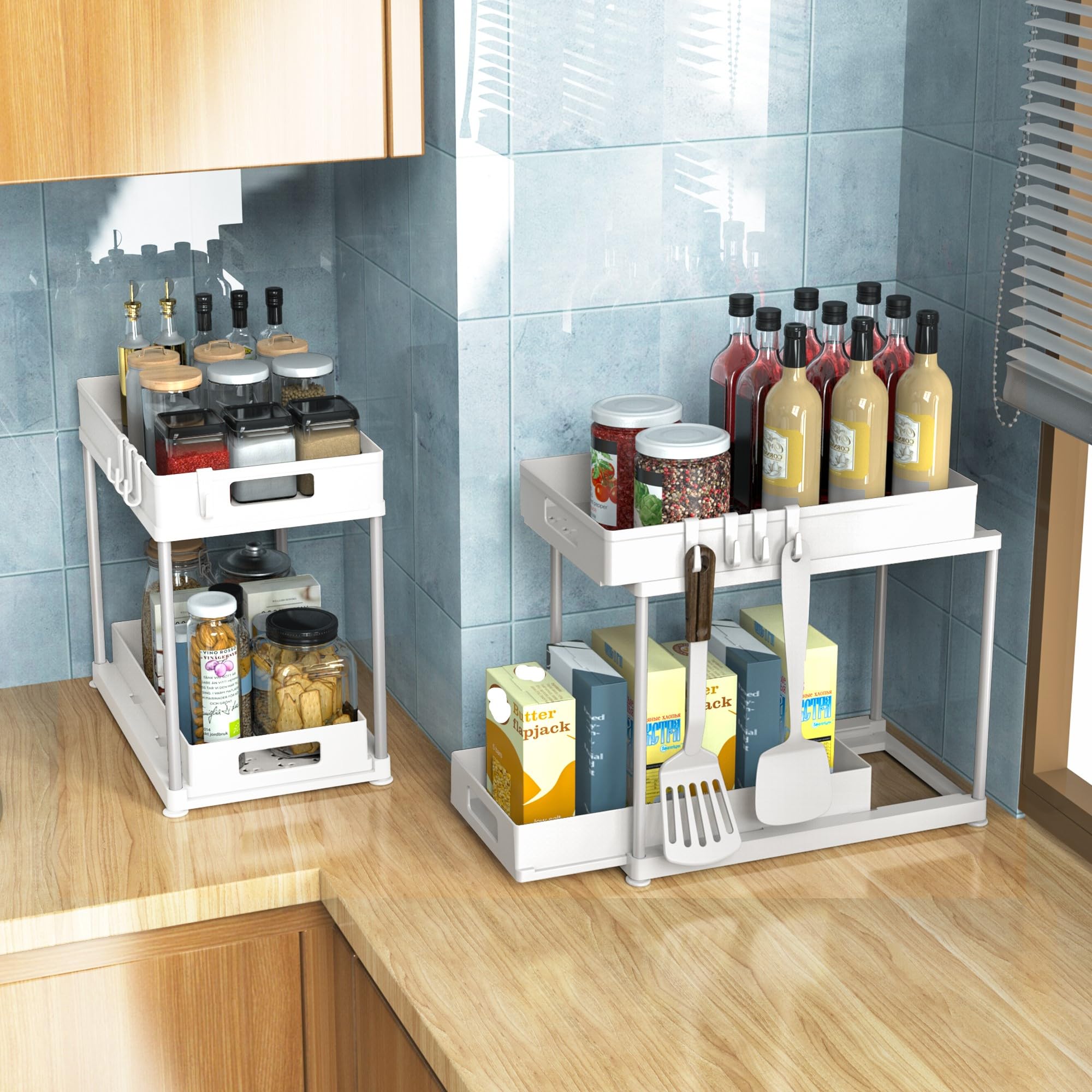 Lot de 2 organiseurs sous évier avec tiroir extractible, armoire de rangement à 2 niveaux pour cuisine et salle de bain, convient aux fournitures de nettoyage et aux articles de toilette, économie