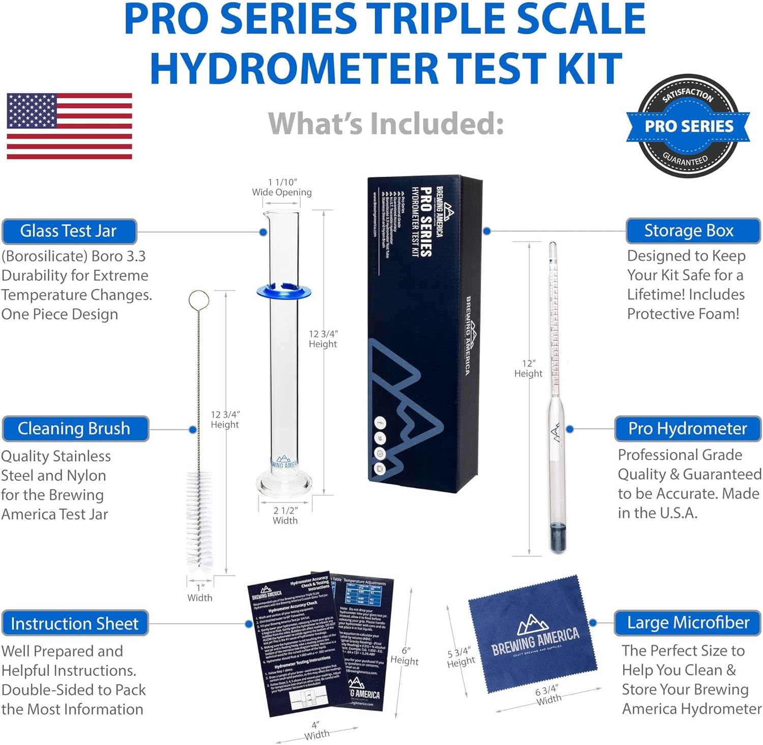 Brewing Hydrometer Alcohol Tester Kit: USA-Made Beer & Wine American-Made Specific Gravity ABV Test Pro Series Traceable & Borosilicate Glass Test Tube Jar & Brush