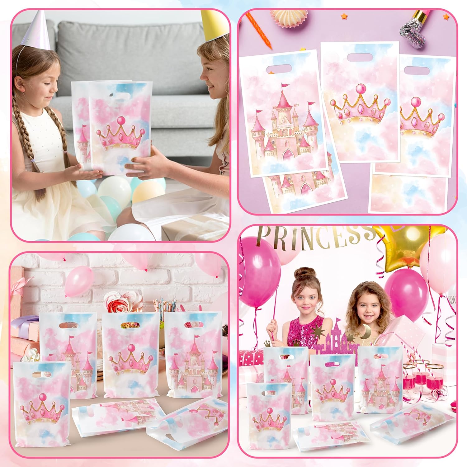 K1tpde 50PCS Watercolor Princess Party Favor Bags, Pink Princess Castle Theme Plastic Goodie Gift Bags Bulk with Handle for Girl, Watercolor Pastel Castle Fairytale Party Decorations Birthday Supplies - Image 6