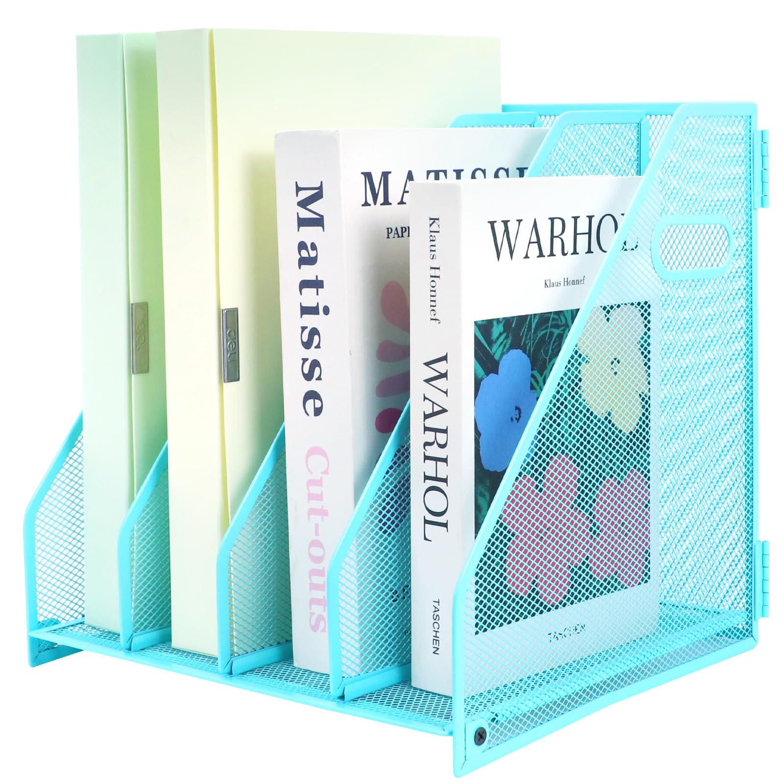 IOUGDSEC Metal Magazine File Holder for Desk with 4 Vertical Compartments, A4 Document File Holder with handle, Mesh Durable Desktop File Rack for Office School and Home, Sky Blue