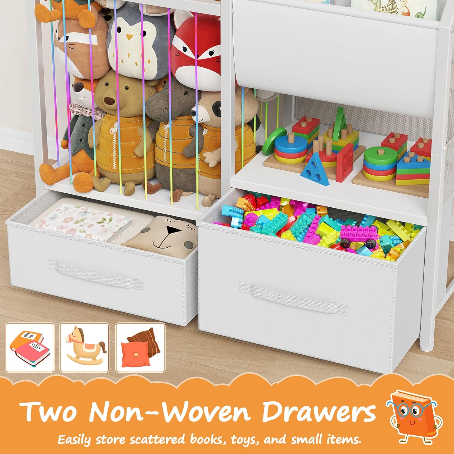 HOOBRO Kids Bookshelf and Toy Storage Organizer, Stuffed Animal Storage with Sling Bookshelf and Non-Woven Fabric Drawers, Children Bookcase for Nursery, Playroom, Kids Room, White WT37CW01