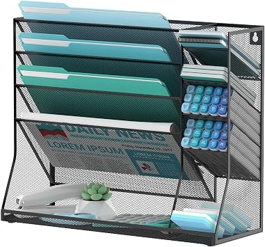 5-Tier Wall File Organizer and Wall File Holder with Bottom Tray, Black | Wall Organizer with 5 Vertical Pockets and R-Shaped Tray for Wall Mount or Desktop Storage of Files, Mail and Magazines