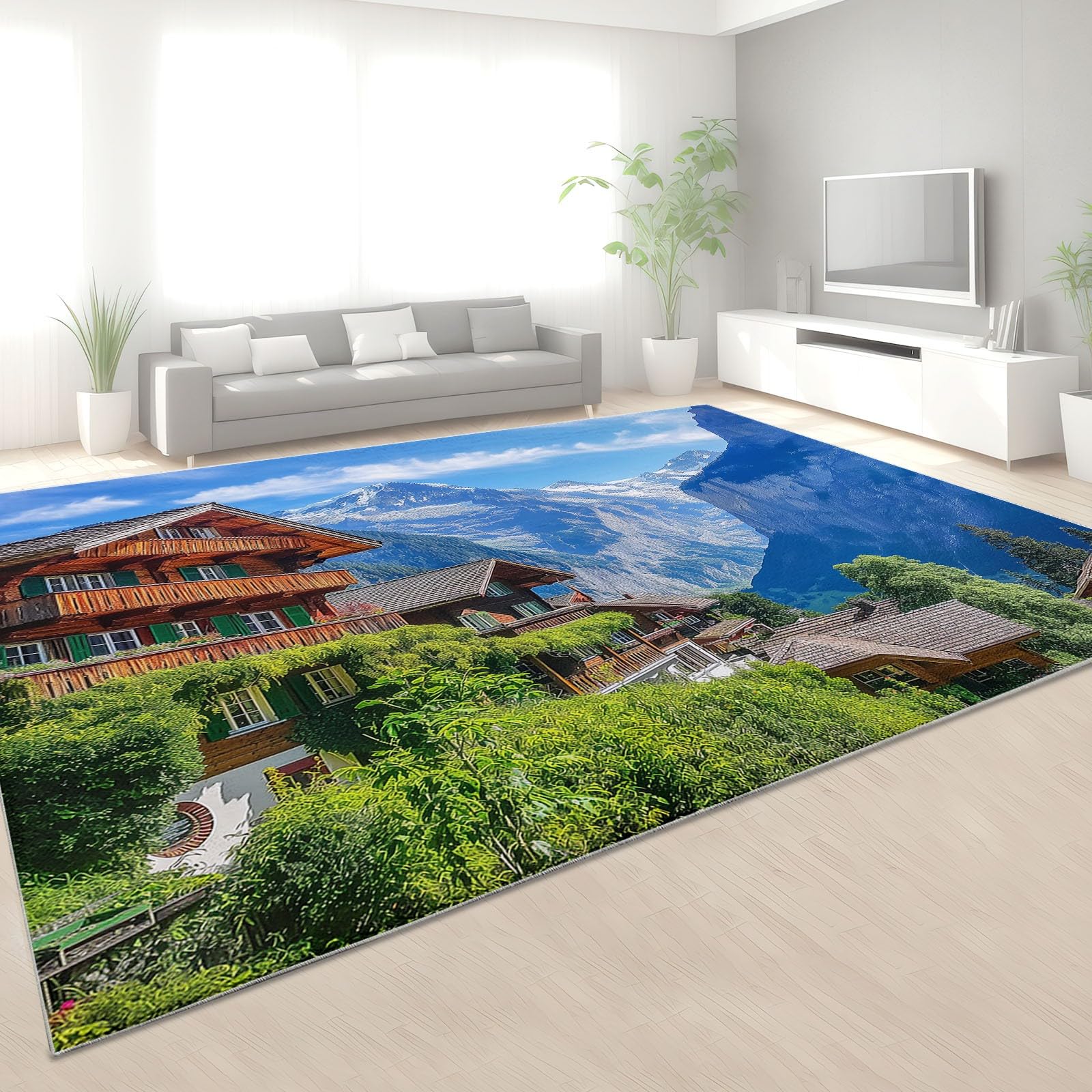 MontañA De Nieve Alfombra 80 x 150 cm Chalet Alpino Alfombra Pelo Corto Niño Niña, Pasillera, Cocina, Interior/Exterior, Antideslizantes, Franela Alfombras de Decoración