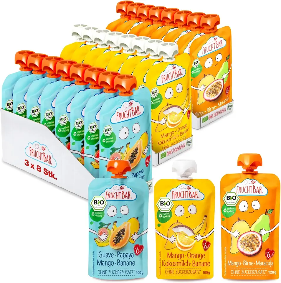 FruchtBar-Bio Quetschie, 24 Stk. Mix, 3 verschiedene Sorten, Fruchtpüree für Babys ab 6 Monaten & Kinder (Bio Quetschie Mix exotisch)