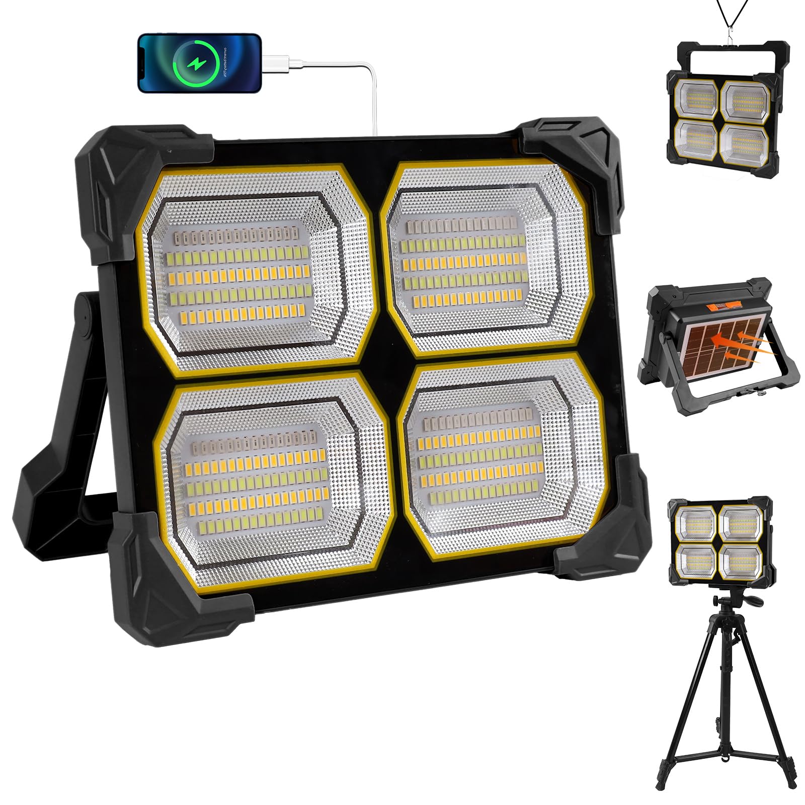 Faro LED Ricaricabile 300W, Faretto LED Ricaricabile 26000mAh con Pannello Solare, 5 Modalità di Illuminazione, Faro a Batteria Ideale per Campeggio, Lavoro, Pesca