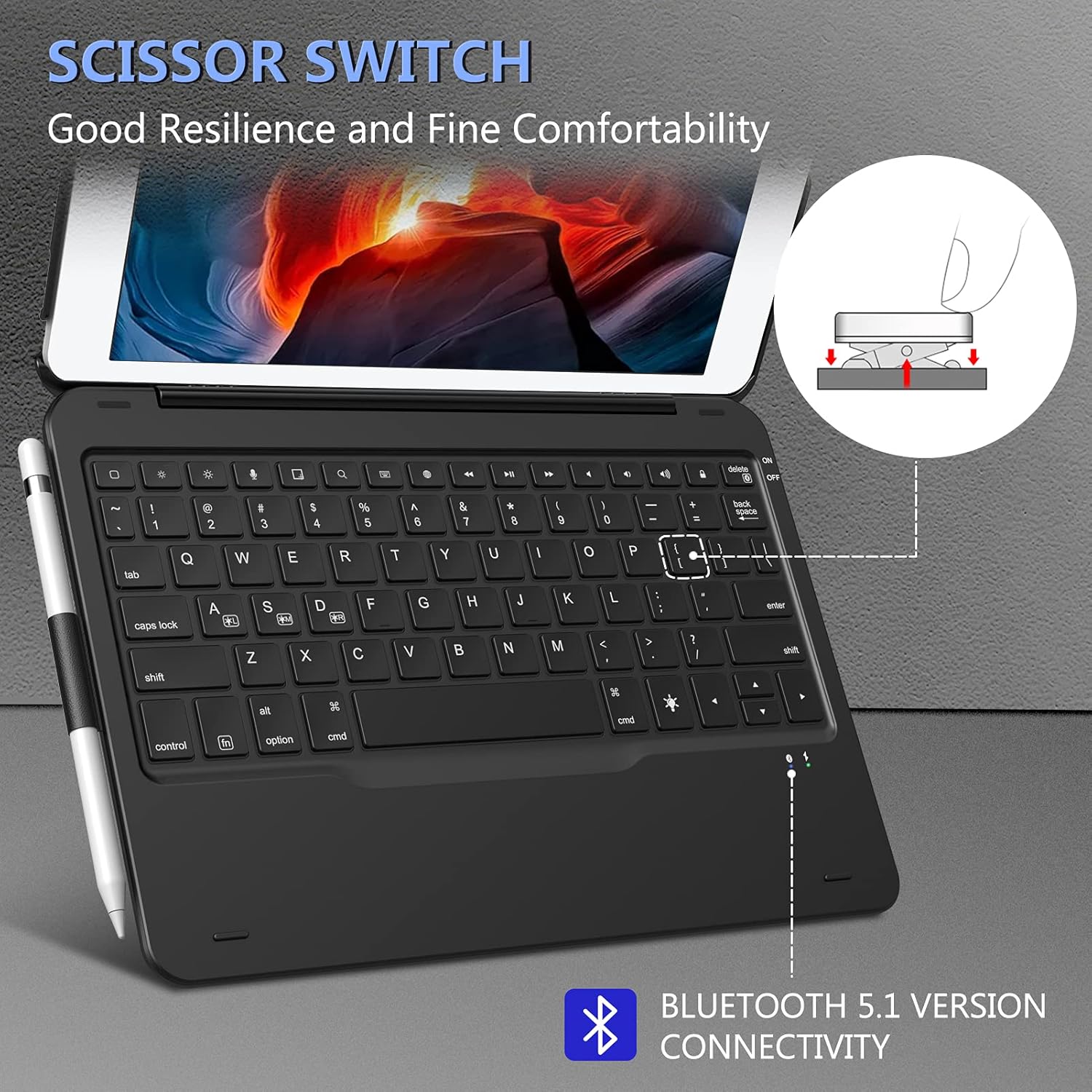 Close-up of the Fintie keyboard showing scissor switch mechanism and Bluetooth 5.1 connectivity.