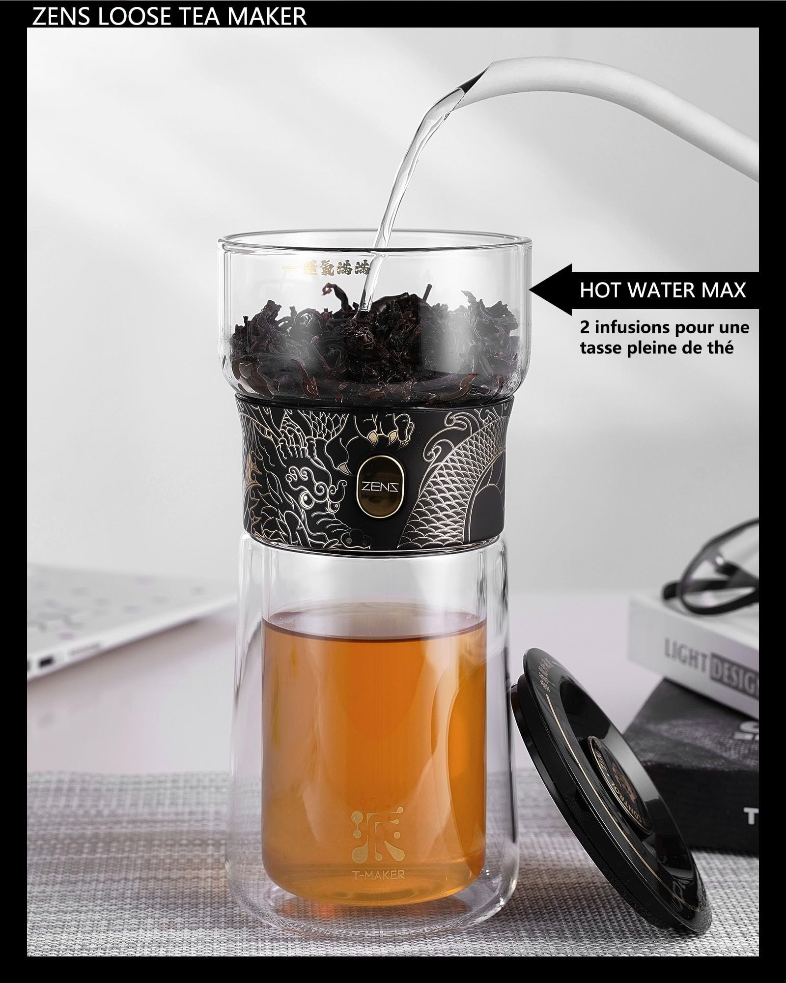 ZENS theiere con infusor, mágico de un solo toque tetera de cristal para té de hojas sueltas sin daños, máquina de té fresca con taza térmica y bolsa de té portátil, para regalo