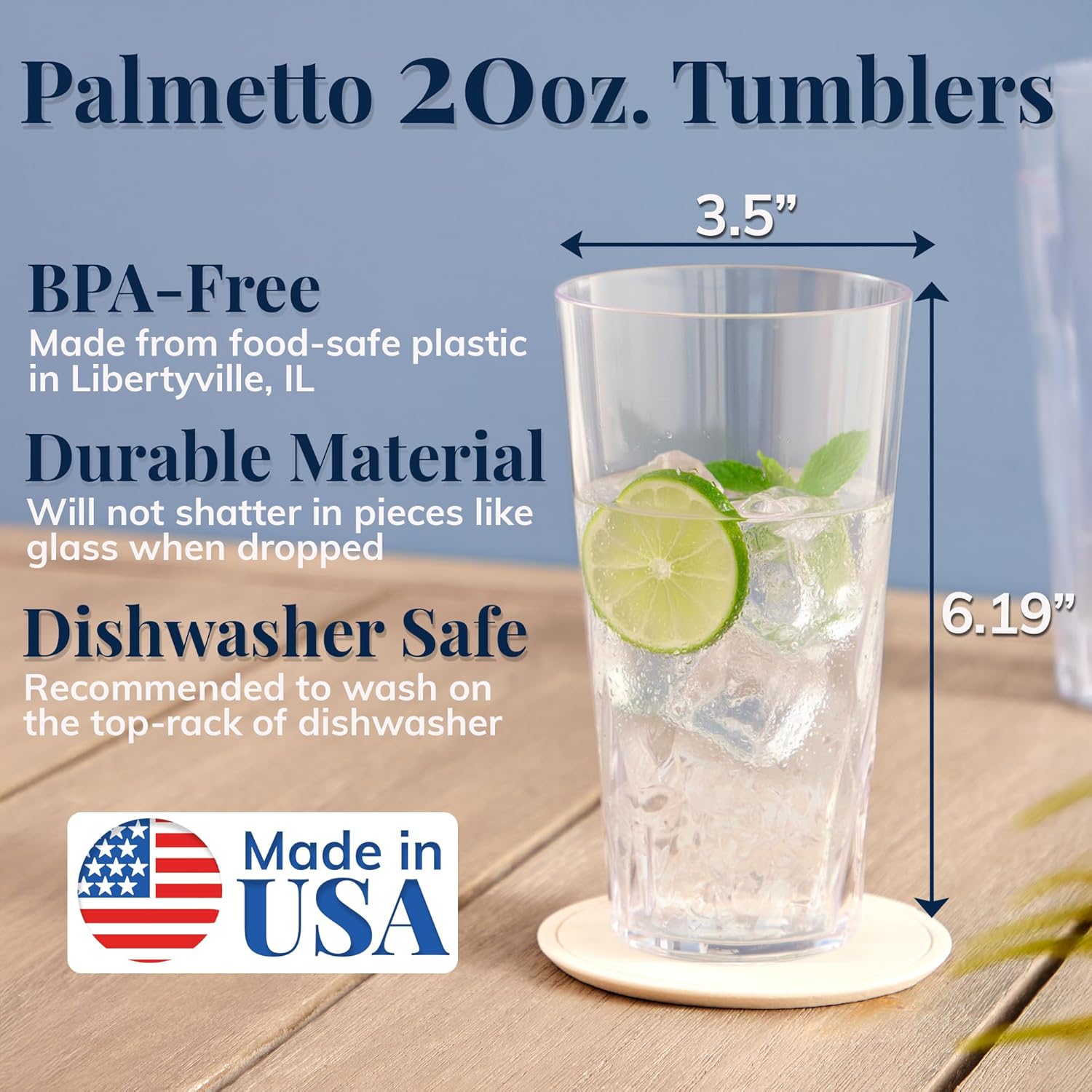 US Acrylic Palmetto [Set of 16] 20 ounce Plastic Stackable Water Tumblers in Clear, Lightweight Value Set of Drinking Cups, Reusable, BPA-free, Made in the USA, Top-rack Dishwasher Safe - Image 2