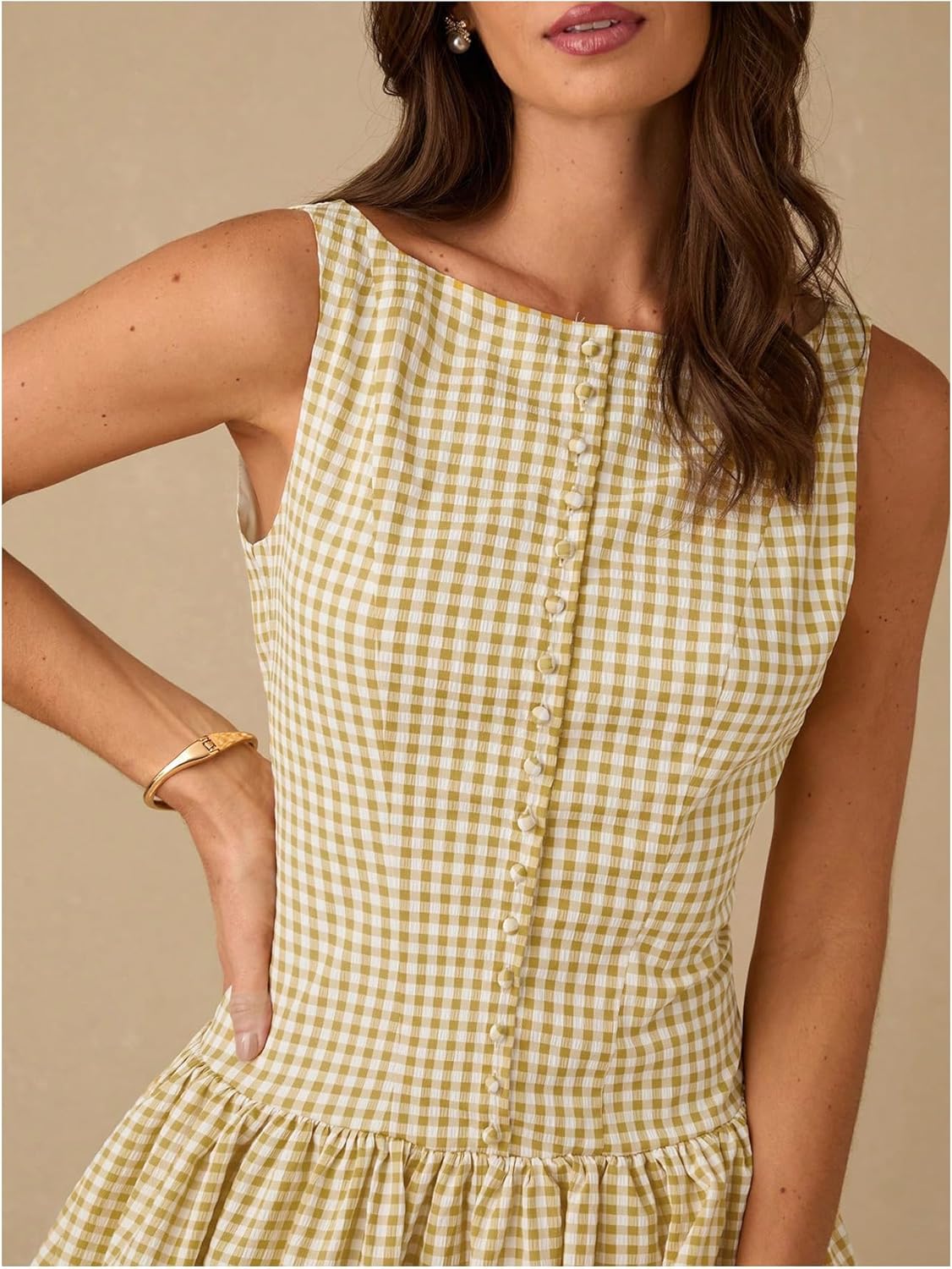 OYOANGLE Women's Gingham Sleeveless Ruffle Short Dress Open Back Button Front Y2K Plaid Dresses - Image 4