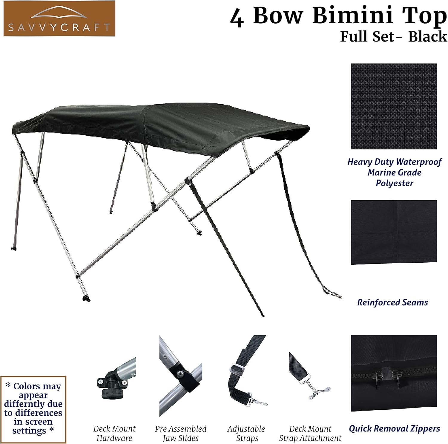 SavvyCraft 4 Bow Bimini Top Boat Cover Black 4 Bow 96" L 54" H 67"- 72" W W/Boot & Rear Poles