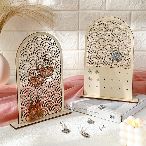 Miniatura 3 de Suzile 2 soportes organizadores para aretes, soporte de exhibición con base de madera, tablero de exhibición de aretes de madera, arco bohemio, con