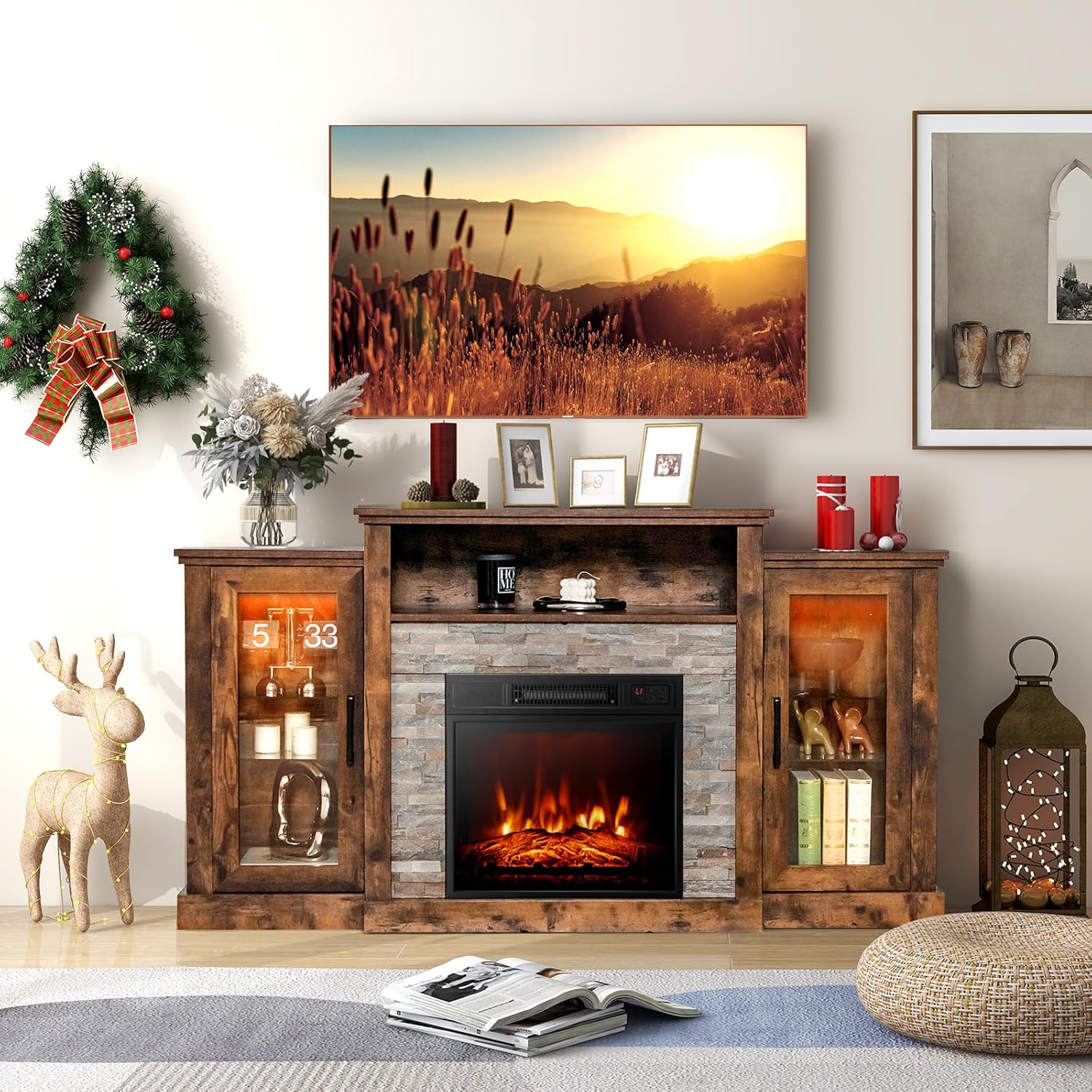 RELAX4LIFE 59" Fireplace TV Stand for 65" TVs, Entertainment Center w/18 Fire Place, LED Lights, APP & Remote Control, TV Console Table for Living Room, Electric Fireplace with Mantel (Rustic)