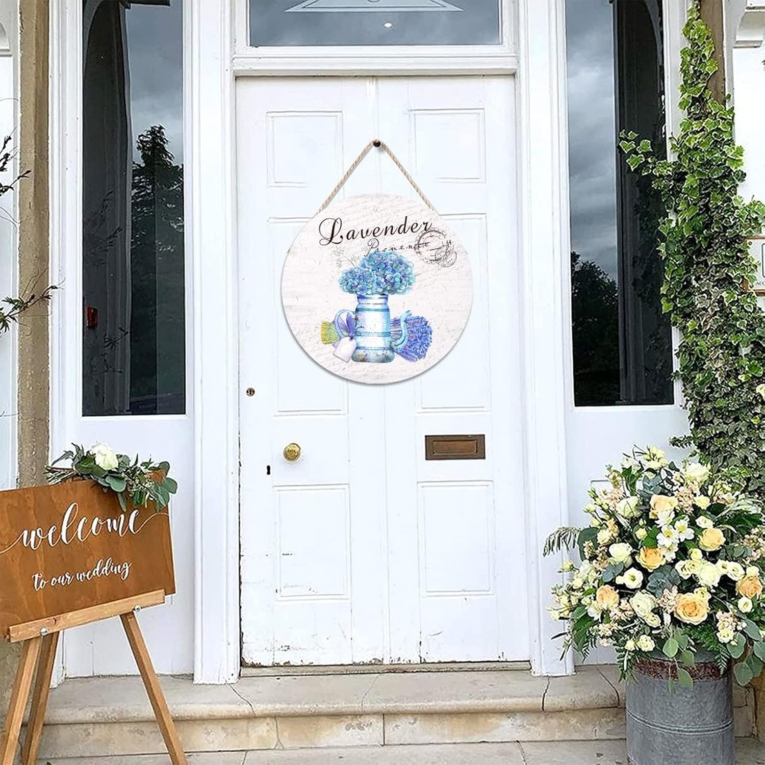 Custom Calligraphy Round Door Hanger Sign, Lavender Wood Door Sign, Floral 16x16in Wall Hanging Sign Plaque Farmhouse Backyard Door Hanger Wall Decor Housewarming Gifts