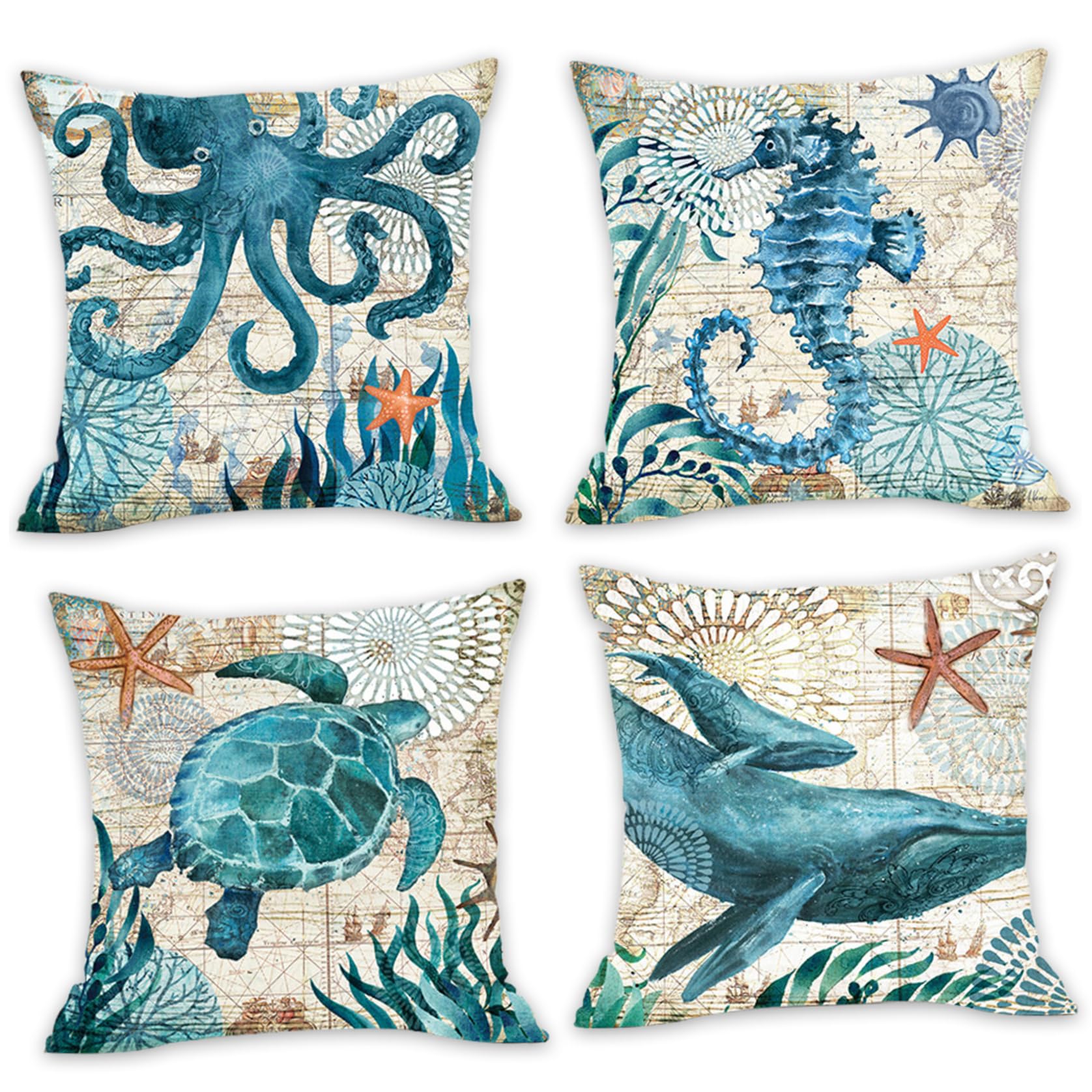 Grtheenumb Beach Pillow Covers| 4PCS Nautical Pillow Covers 18x18 Inch, Mediterranean Style Coastal, Turtle Octopus Whale Seahorse Square Throw for Couch Patio Sofa Bed Chair