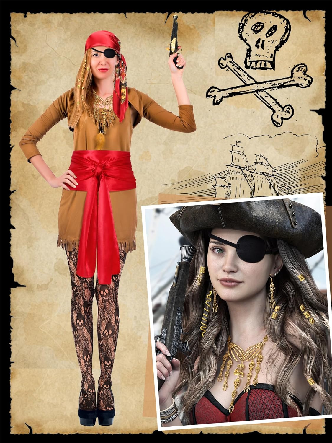 25 Pcs Women Pirate Costume Accessories Pirate Head Scarf Belt Necklace Hair Jewelry for Braids Eye Mask Pantyhose - Image 4