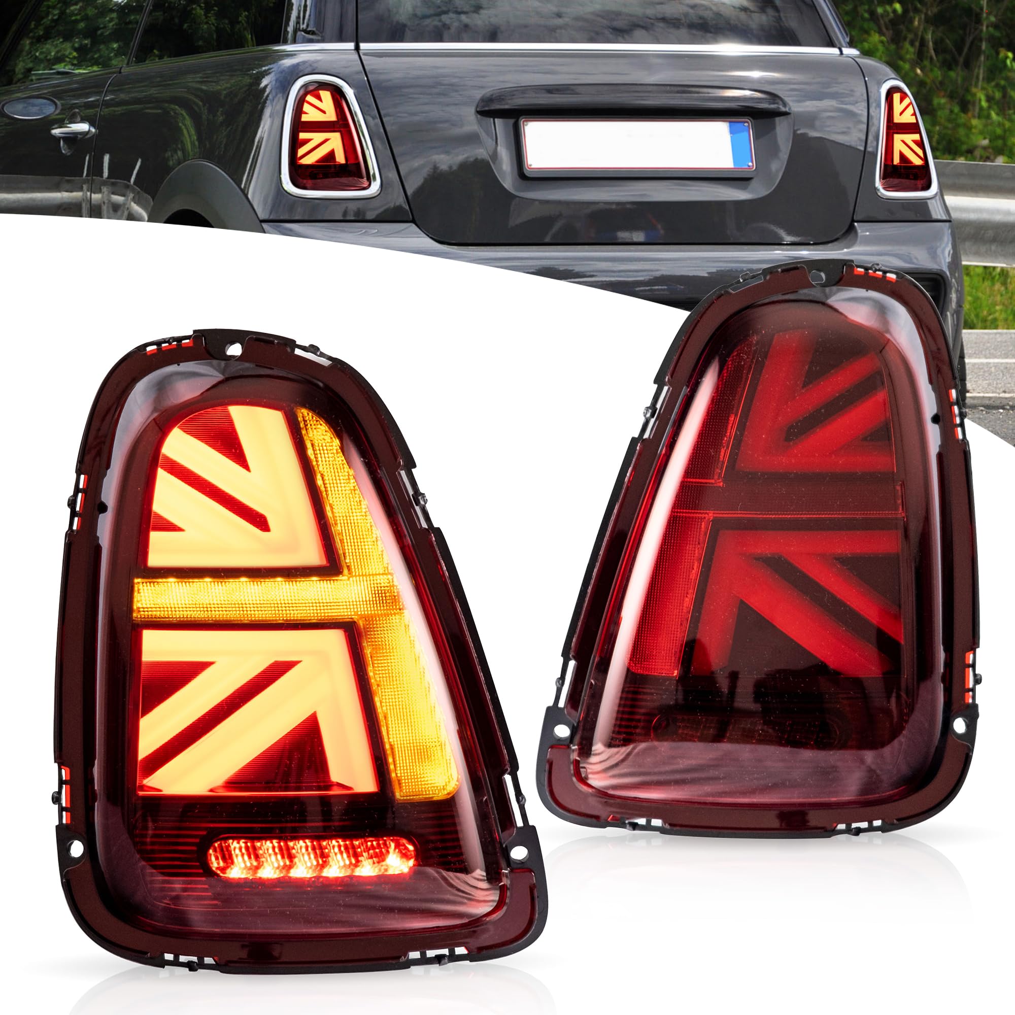 VLAND Union Jack Fari Posteriori LED per Mini Cooper R56 R57 R58 R59 2011-2013 [Non per 2007-2010], con indicatori di direzione dinamici, 1 set (lato guidatore + passeggero) (Rosso)