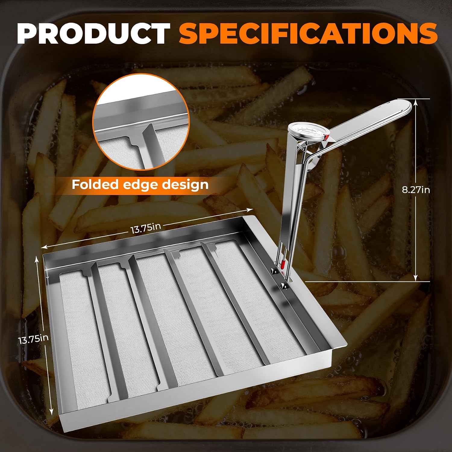 13.75" x 13.75" Commercial Fryer Oil Filter Strainer with Thermometer AF45 Compatible, 30 Mesh Stainless Steel Deep Fryer Oil Filter,Heavy-Duty for Restaurants & Industrial Kitchens