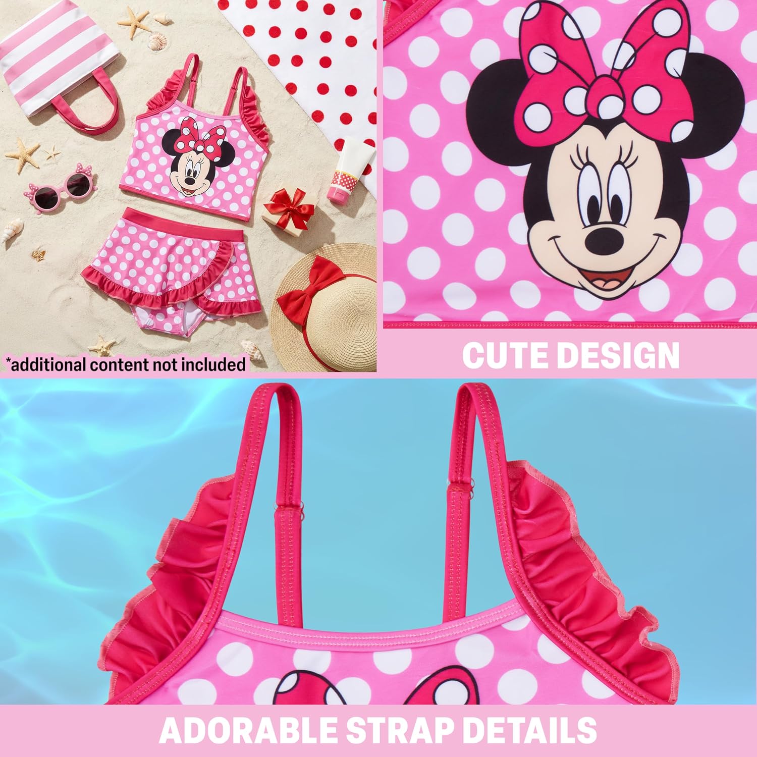 Disney Stitch | Minnie Mouse Girls Bikini Two Piece Set Swimsuit, Adjustable Straps Bathing Suit, Tankini Swimwear