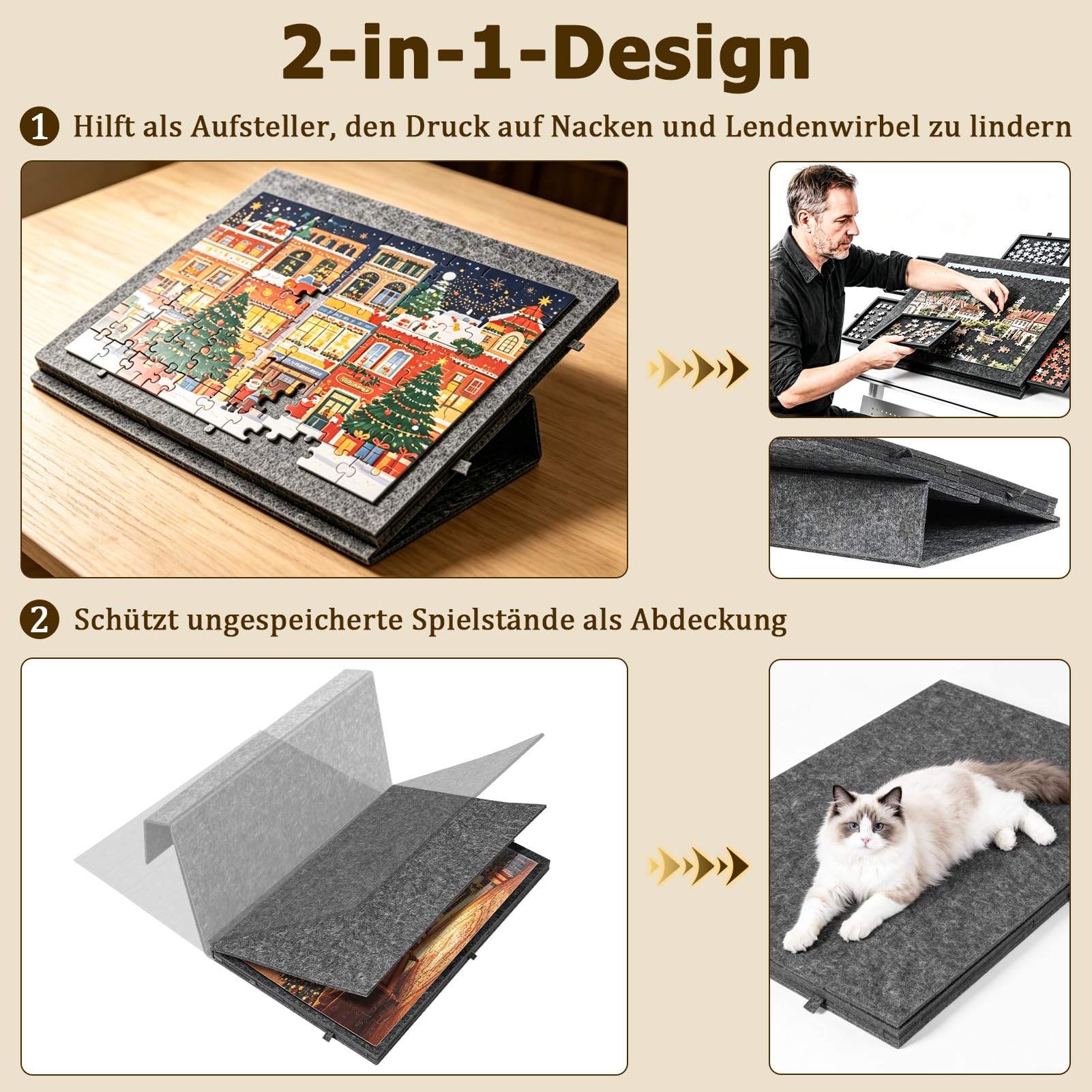 Planche de puzzle 77 x 53,6 cm, table de puzzle 2 en 1 avec 6 tiroirs et support, tapis de puzzle en feutre pour jusqu'à 1000 pièces, planche de puzzle portable pour adultes et enfants, gris