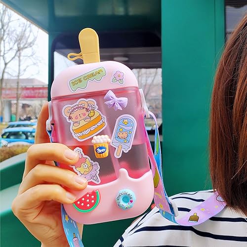 Miniatura 5 de Botella de agua Kawaii con pajilla, botella de agua de paleta Kawaii con correa ajustable para el hombro y calcomanías, taza de paleta para niñas y