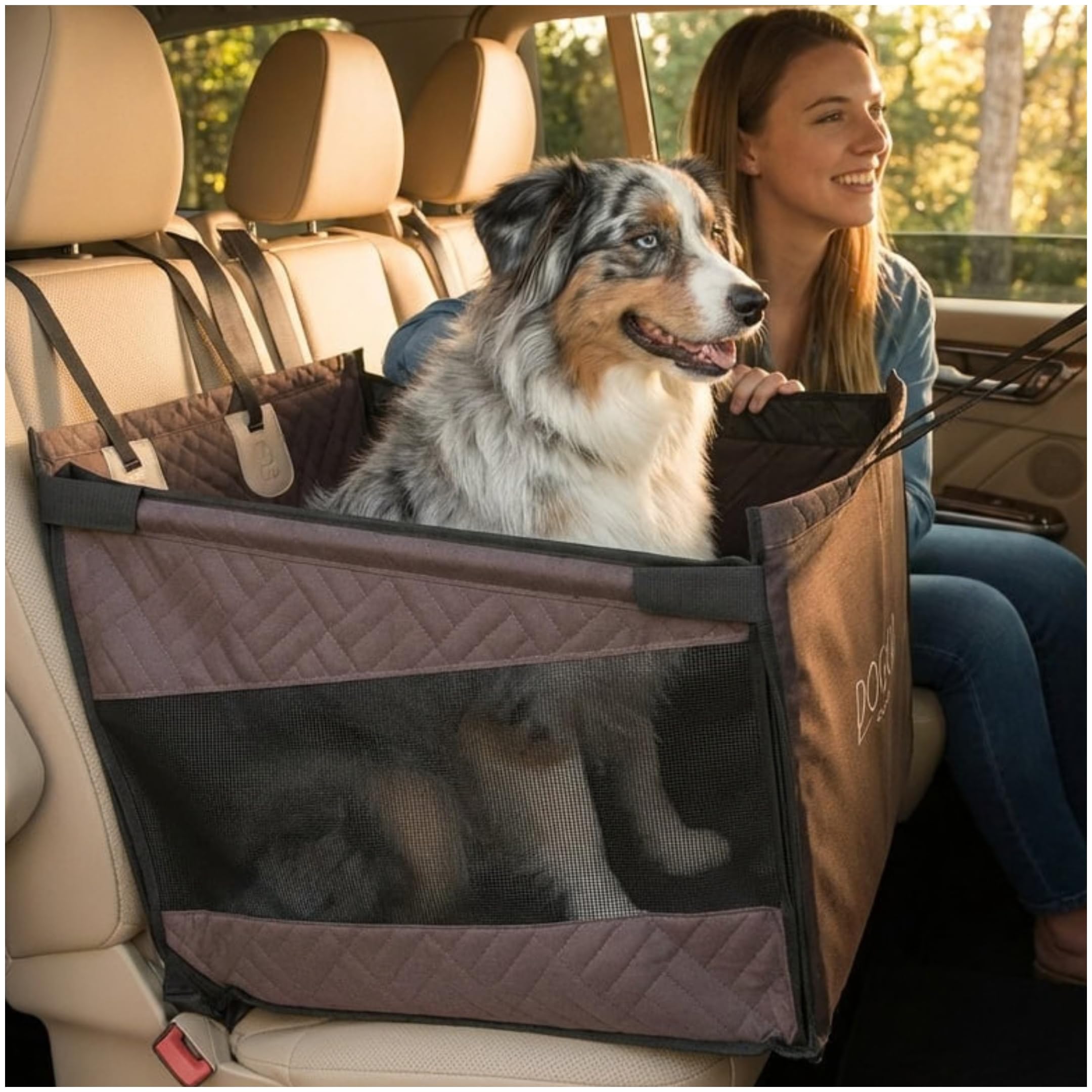 Premium Dog Car Seat & Back Seat – Waterproof & Non-Slip Travel Hammock with Storage Pockets | Secure & Comfortable Pet Seat Cover for Medium Dogs – Fits Cars, SUVs & Trucks (Brown)