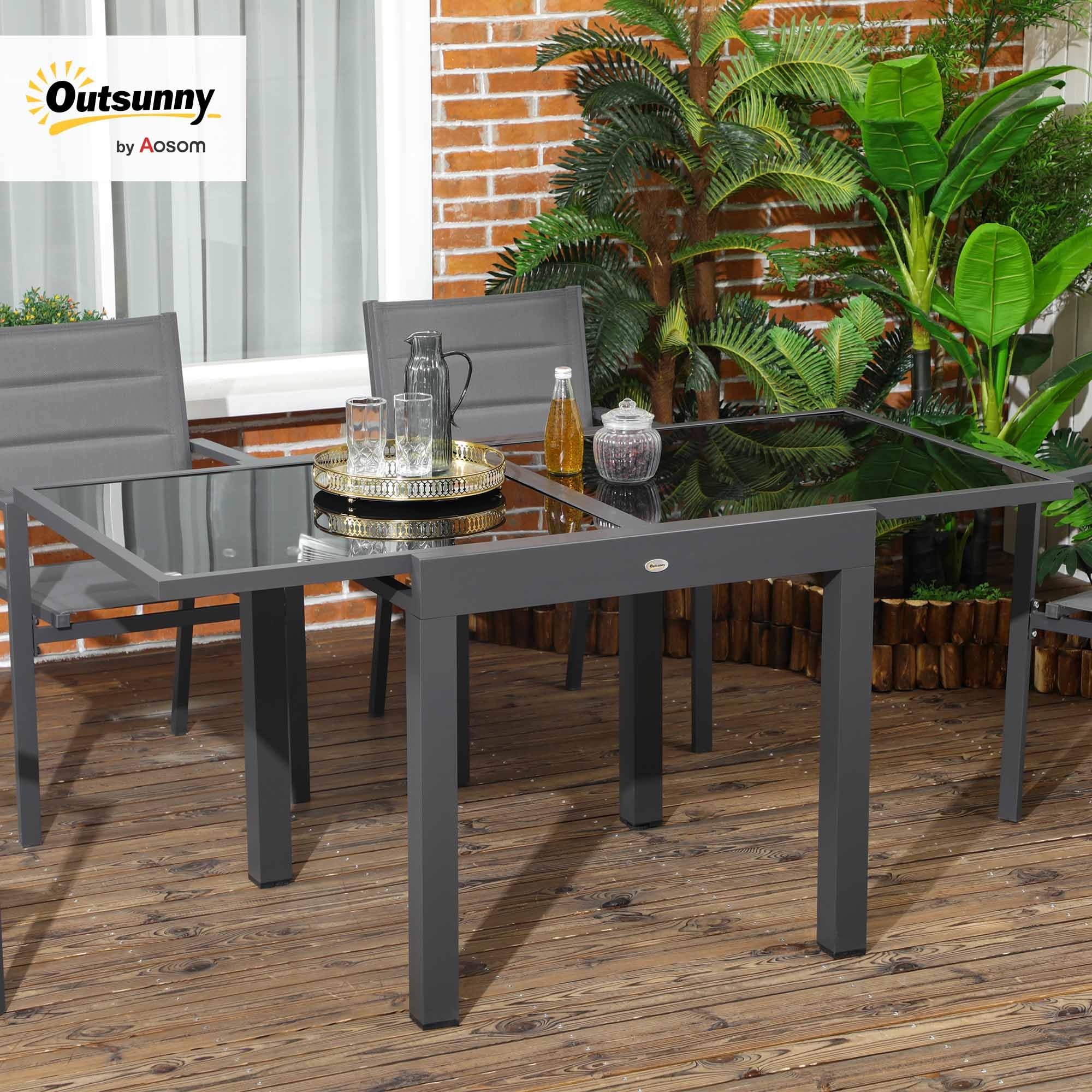 Outsunny Mesa de Jardín Extensible de Aluminio Mesa de Comedor Rectangular con Encimera de Vidrio Templado para 4-6 Personas Carga 50 kg para Terraza 80-160x80x75 cm Negro