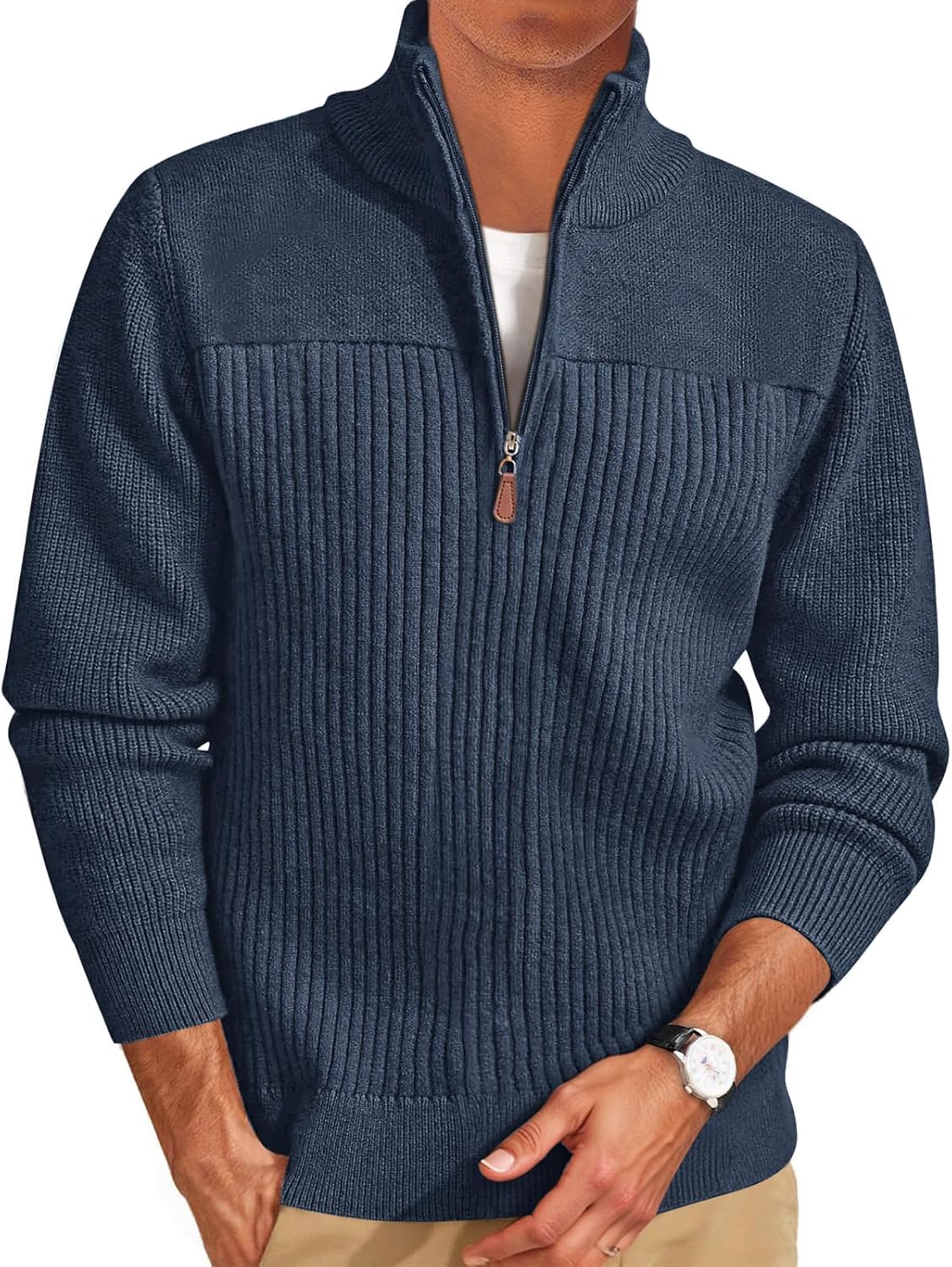 Runcati Mens Quarter Zip Sweater Mock Neck Pullover Ribbed Knit Casual Lightweight Polo Sweaters