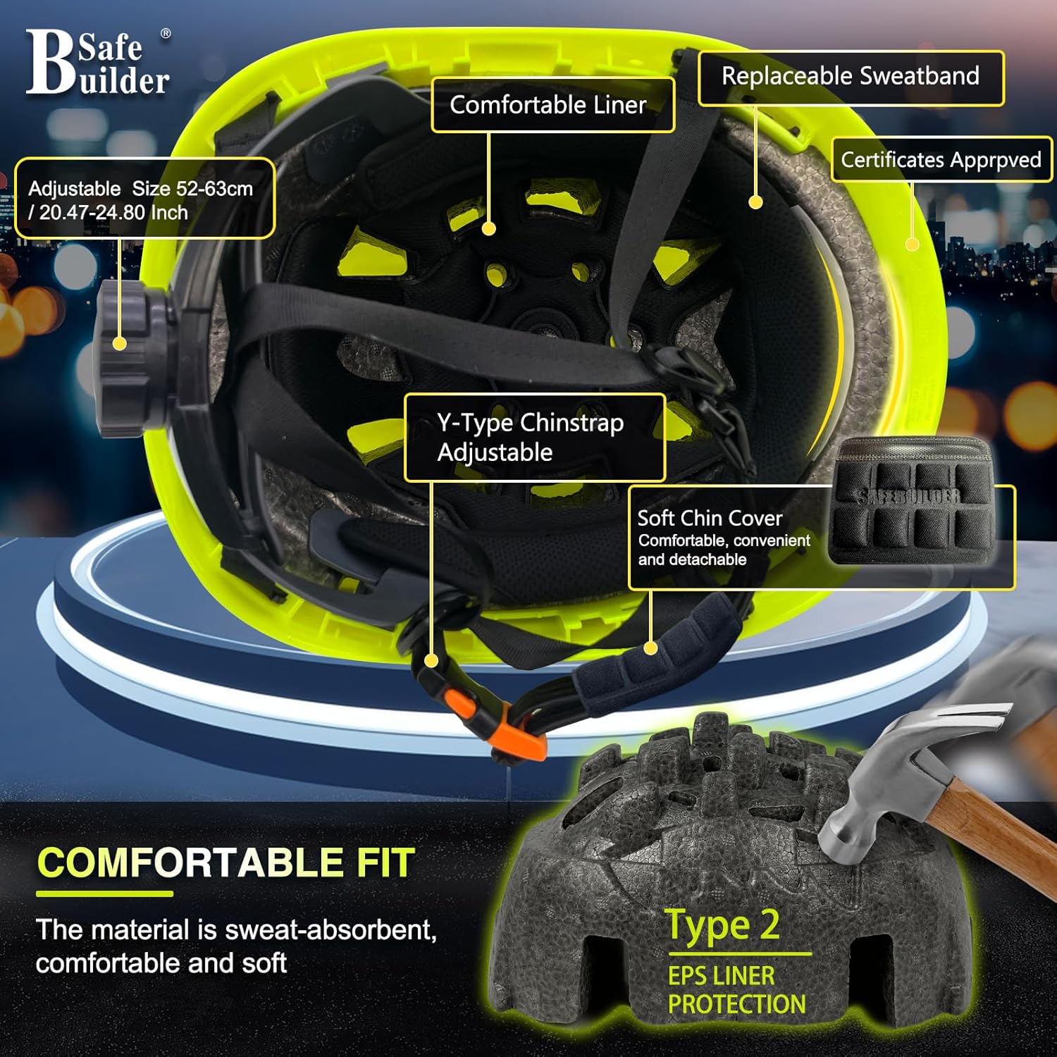 SAFEBUILDER G2C+H Type 2 Class C Hard Hats with Headlight Safety Helmet with Headlamp Vented Construction Work at Height Rescue Industrial ANSI