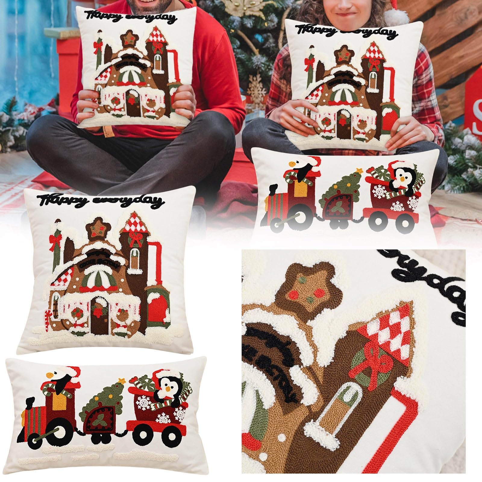 Dempiire Christmas Decorations Pillow Covers, Christmas Embroidery Pillow Case for Halloween Decor Indoor Outdoor Party Supplies Farmhouse Home Decor Throw Pillows Cover (A1)