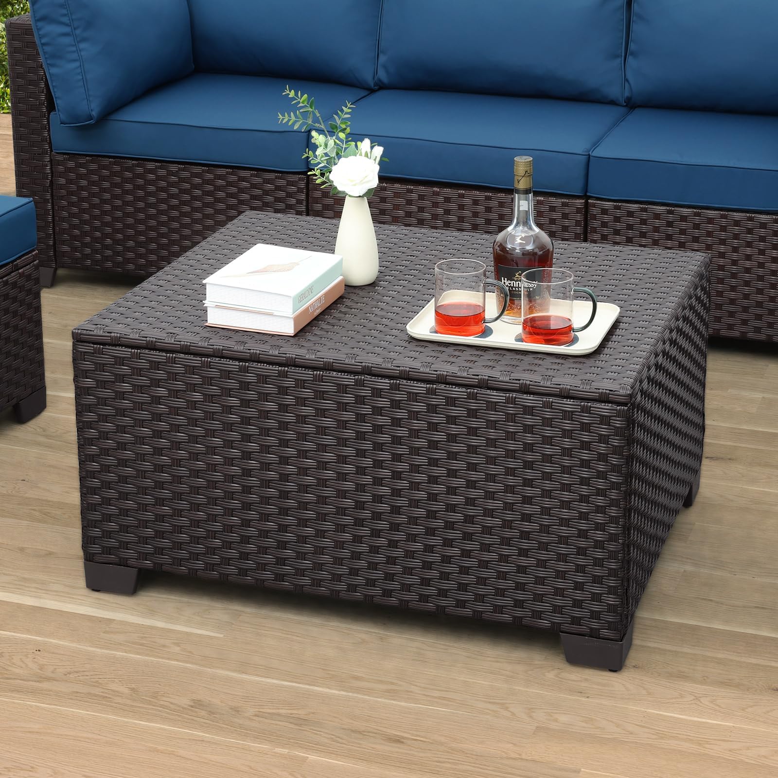 Outdoor Wicker Rectangular Patio Coffee Table in Black Rattan Cape Cod Style Resin