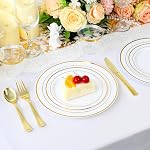 700 Piece Dinnerware Set for Wedding & Party,100 Guest RimPlastic Plates,100 Plastic Silverware,100 Cups,100 Linen Like Napkins (Gold) (Gold)