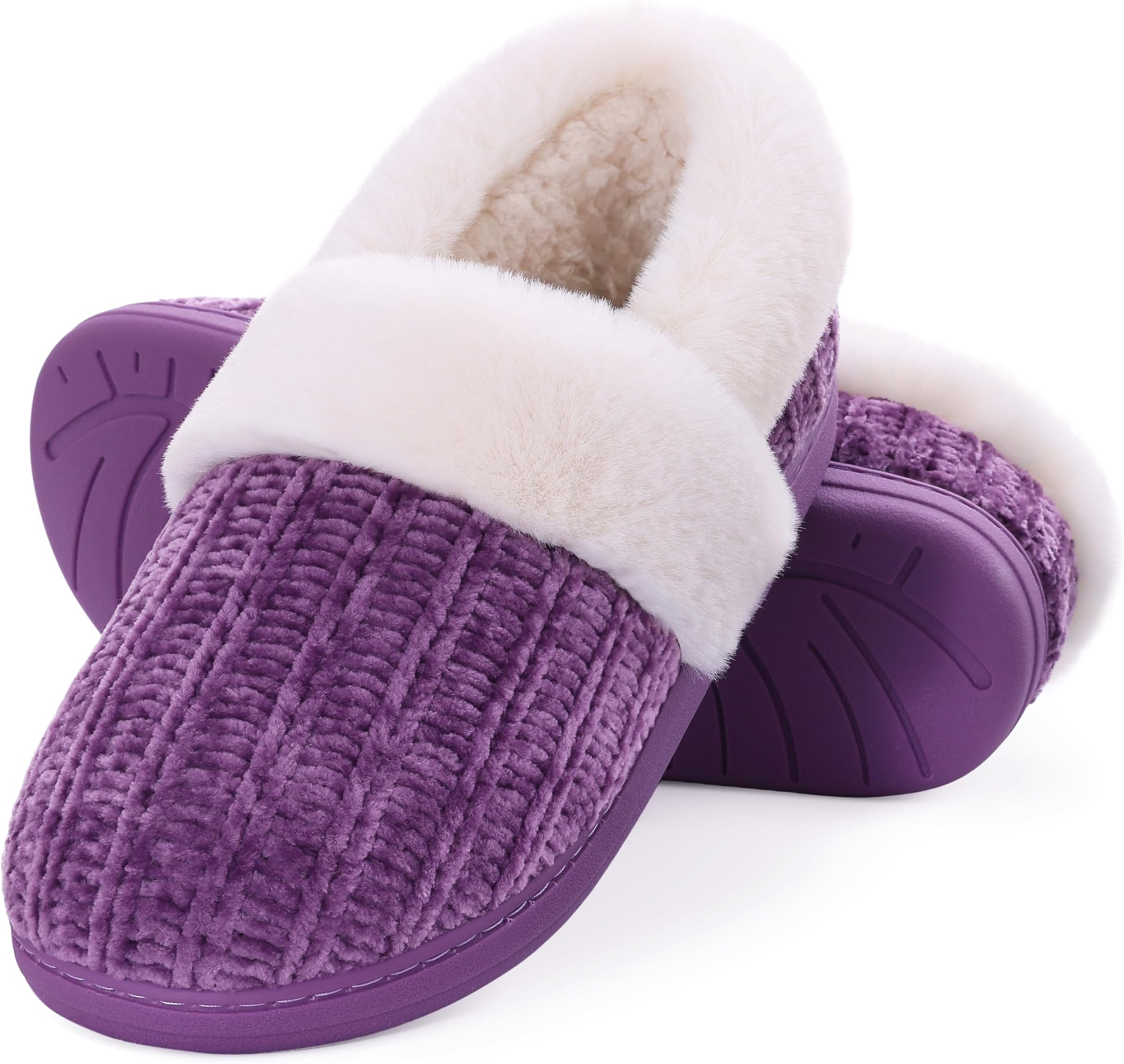 Women's Fuzzy Memory Foam Closed Back Slippers Chenille Knit Fleece Lined House Shoes
