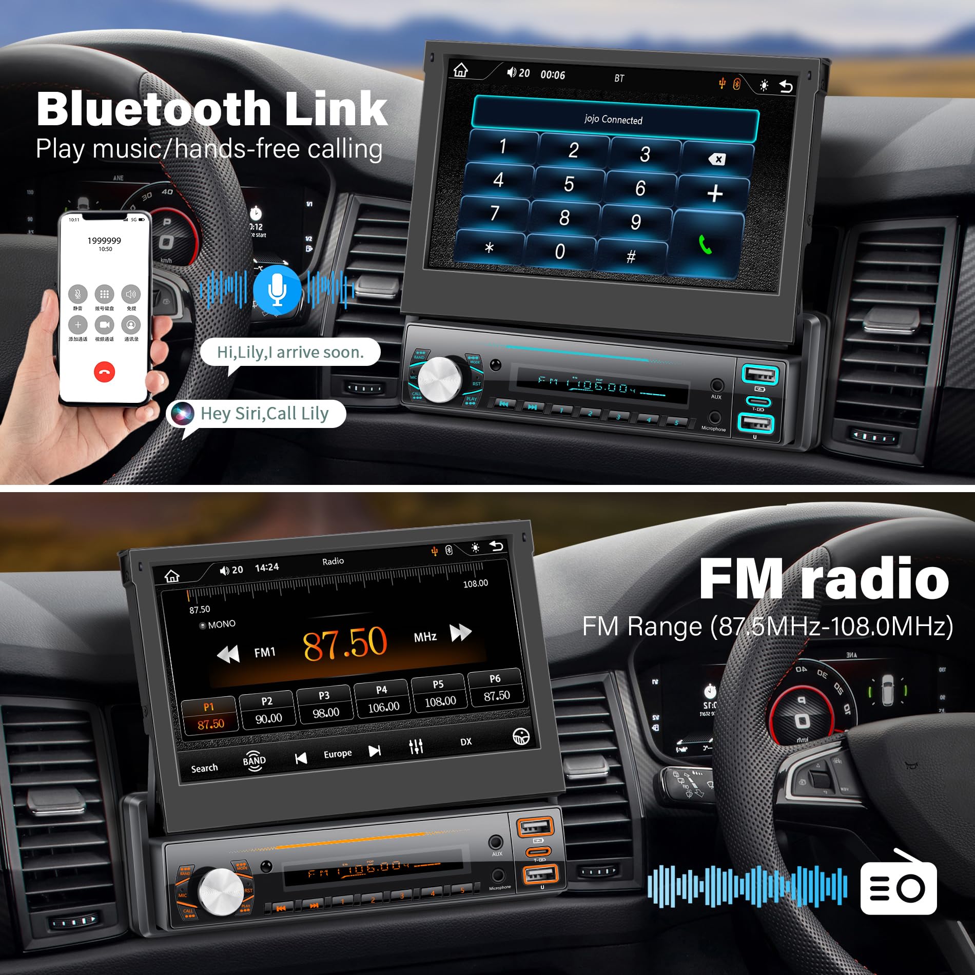 Autoradio 1 DIN con schermo con Carplay Wireless ＆ Android Auto, 7 Pollici Touchscreen Stereo Auto, Mirror Link, FM/AUX/EQ, Microfono, Telecamera di backup