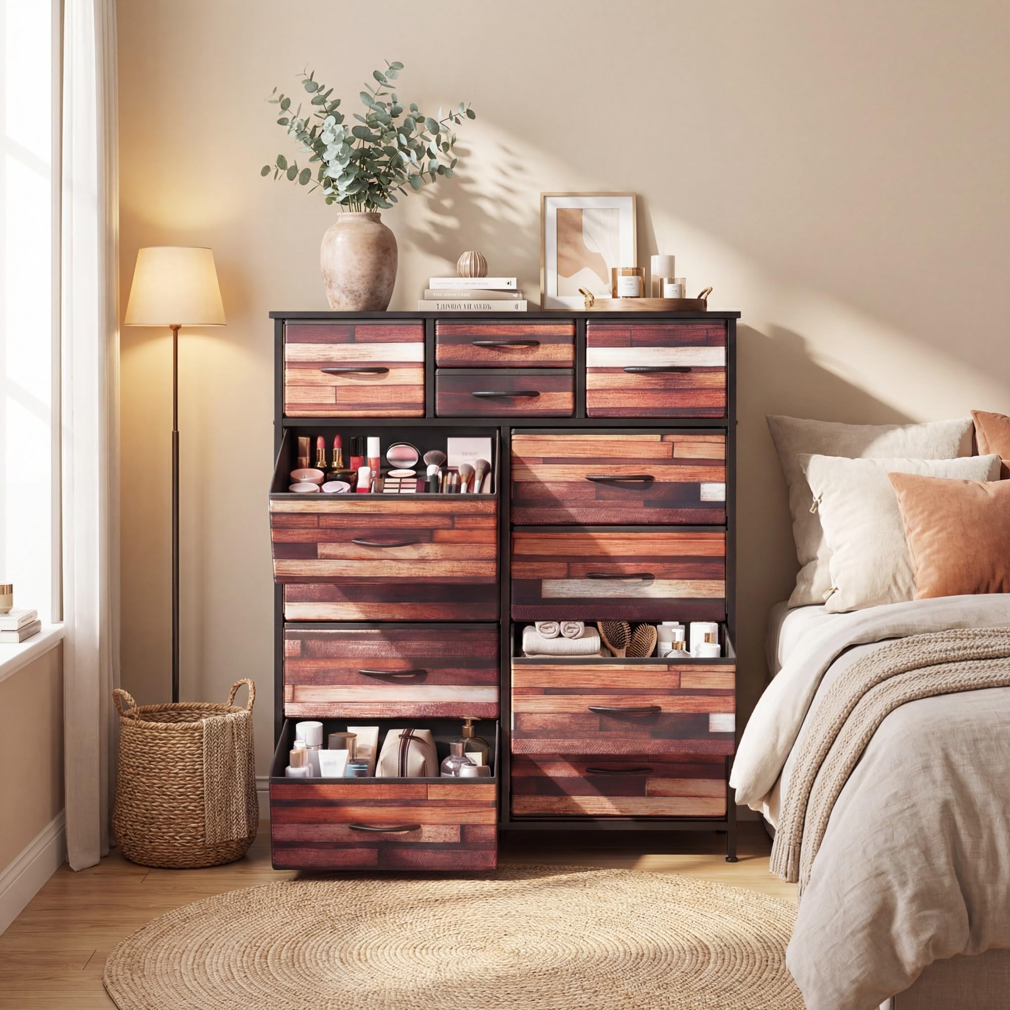 SOARS Cassettiera Camera da Letto con 11/14 Cassetti Pieghevoli, Credenza Soggiorno, Mobiletto Contenitore, Comò Multiuso per Salotto, Ingresso, Stile Industriale, in Legno, Metallo (85 x 30 x 120 cm)