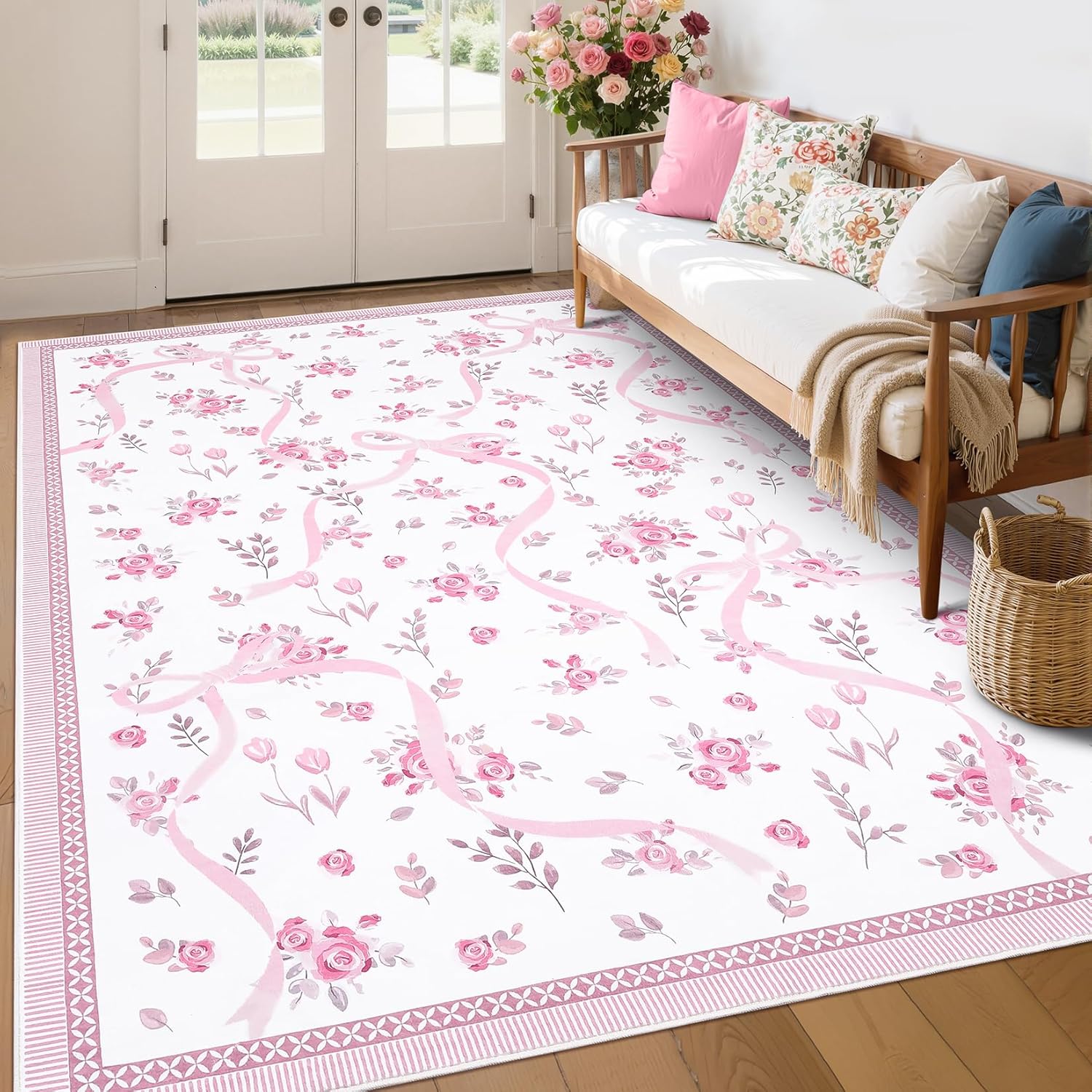 GarveeHome Pink and White Bow Rugs for Bedroom Girls, Washable Rug 5x7 for Living Room with Soft Low Pile, Floral 5x7 Pink Area Rugs for Dining Room Nursery Playroom Dorm Office Bow Decor