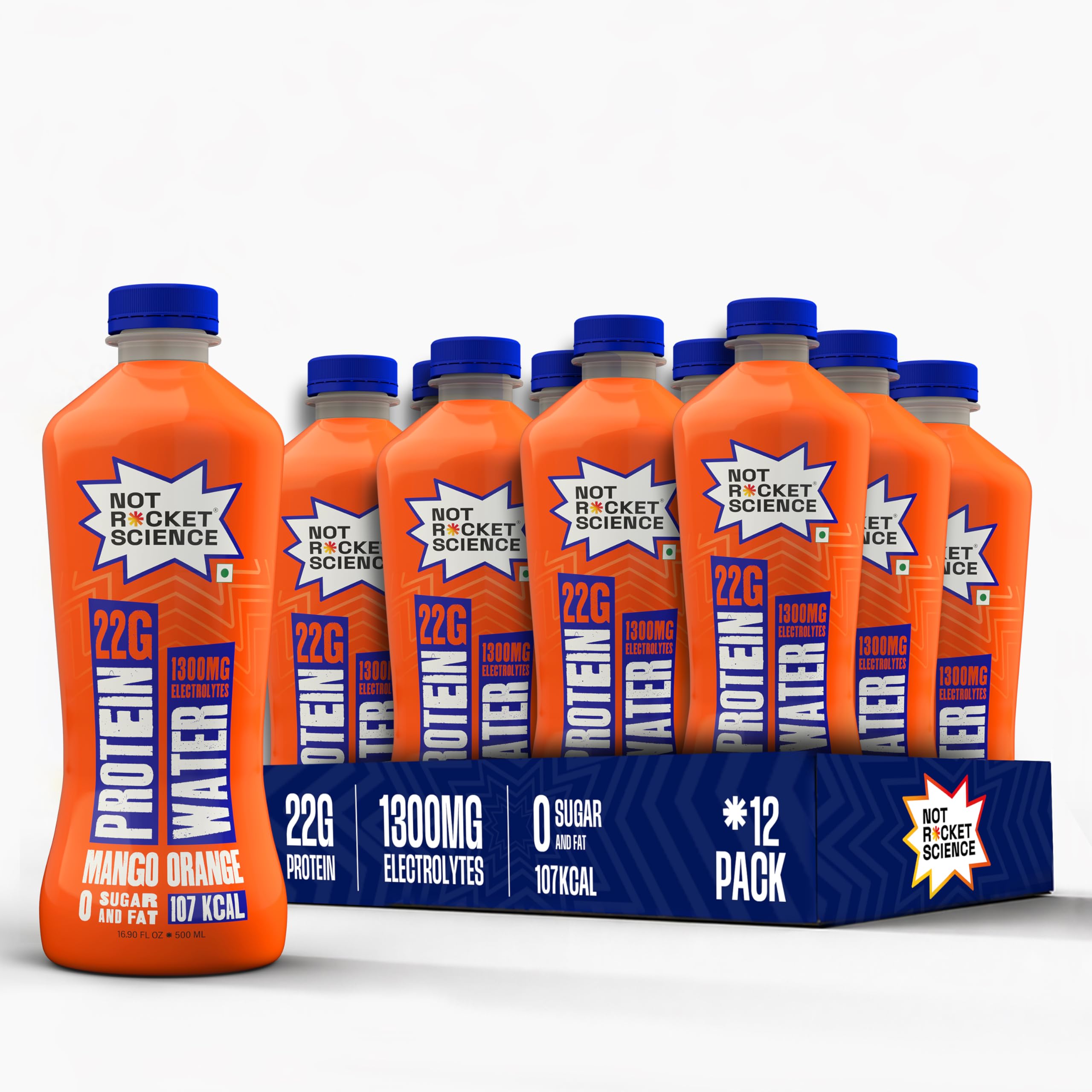 Not Rocket Science Protein Water - Mango Orange | 22g Clear Whey Protein Isolate | 1300mg Electrolytes | 5g BCAAs | Zero Sugar | High Protein Drink | 500ml Pack of 12