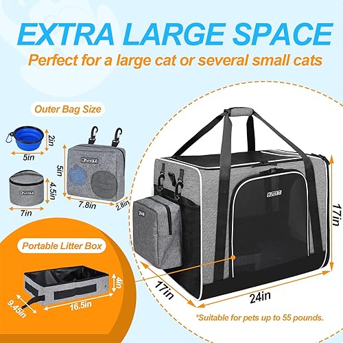 Miniatura 17 de Petskd Transportador extragrande para gatos con caja de arena de 24 x 17 x 17 pulgadas para gatos medianos y grandes o 2 gatos pequeños, Negro